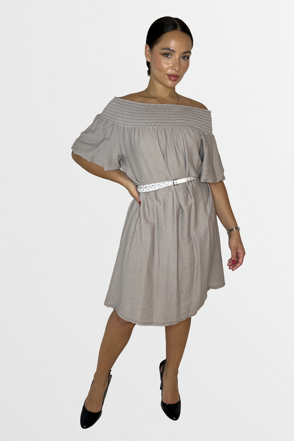 Off The Shoulder Belted Straight Cut Viscose Summer Dress-SinglePrice