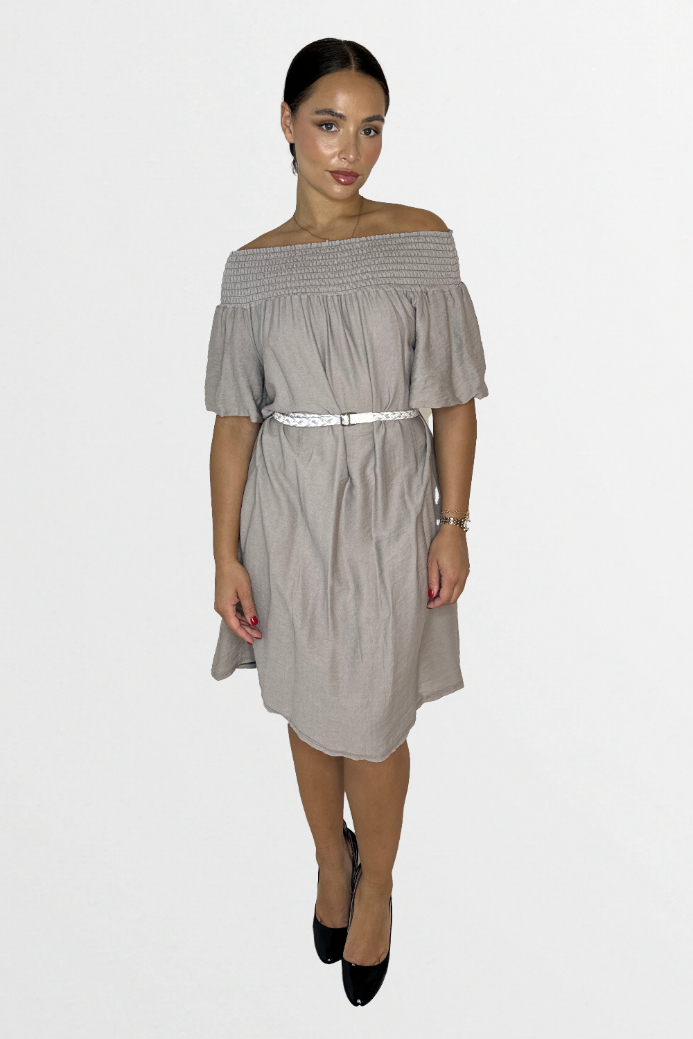 Off The Shoulder Belted Straight Cut Viscose Summer Dress-SinglePrice