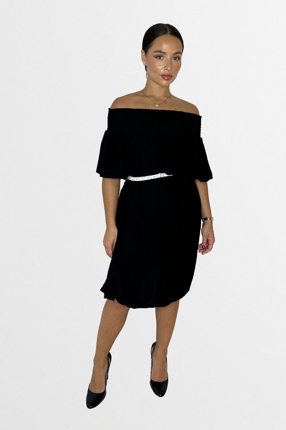 Off The Shoulder Belted Straight Cut Viscose Summer Dress-SinglePrice