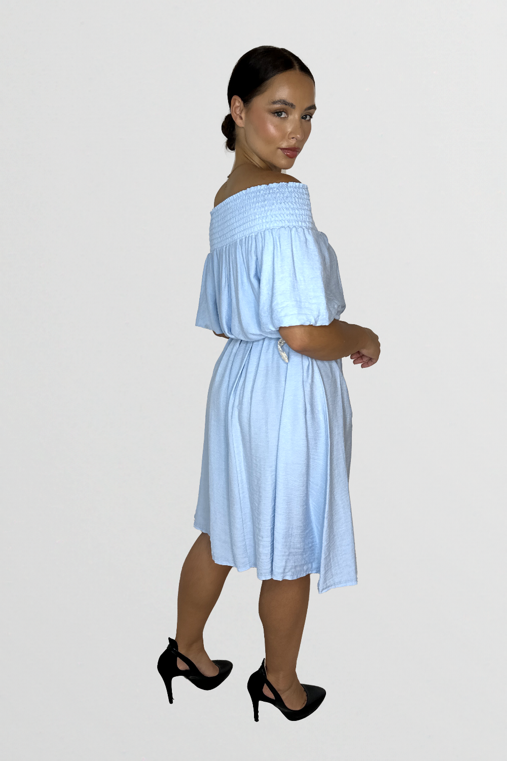 Off The Shoulder Belted Straight Cut Viscose Summer Dress-SinglePrice