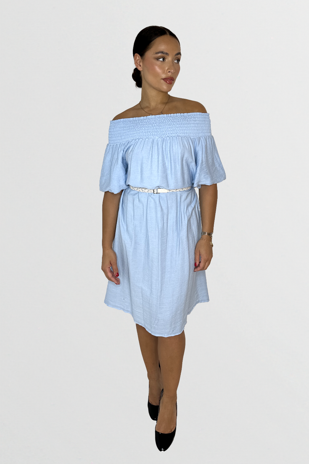 Off The Shoulder Belted Straight Cut Viscose Summer Dress-SinglePrice