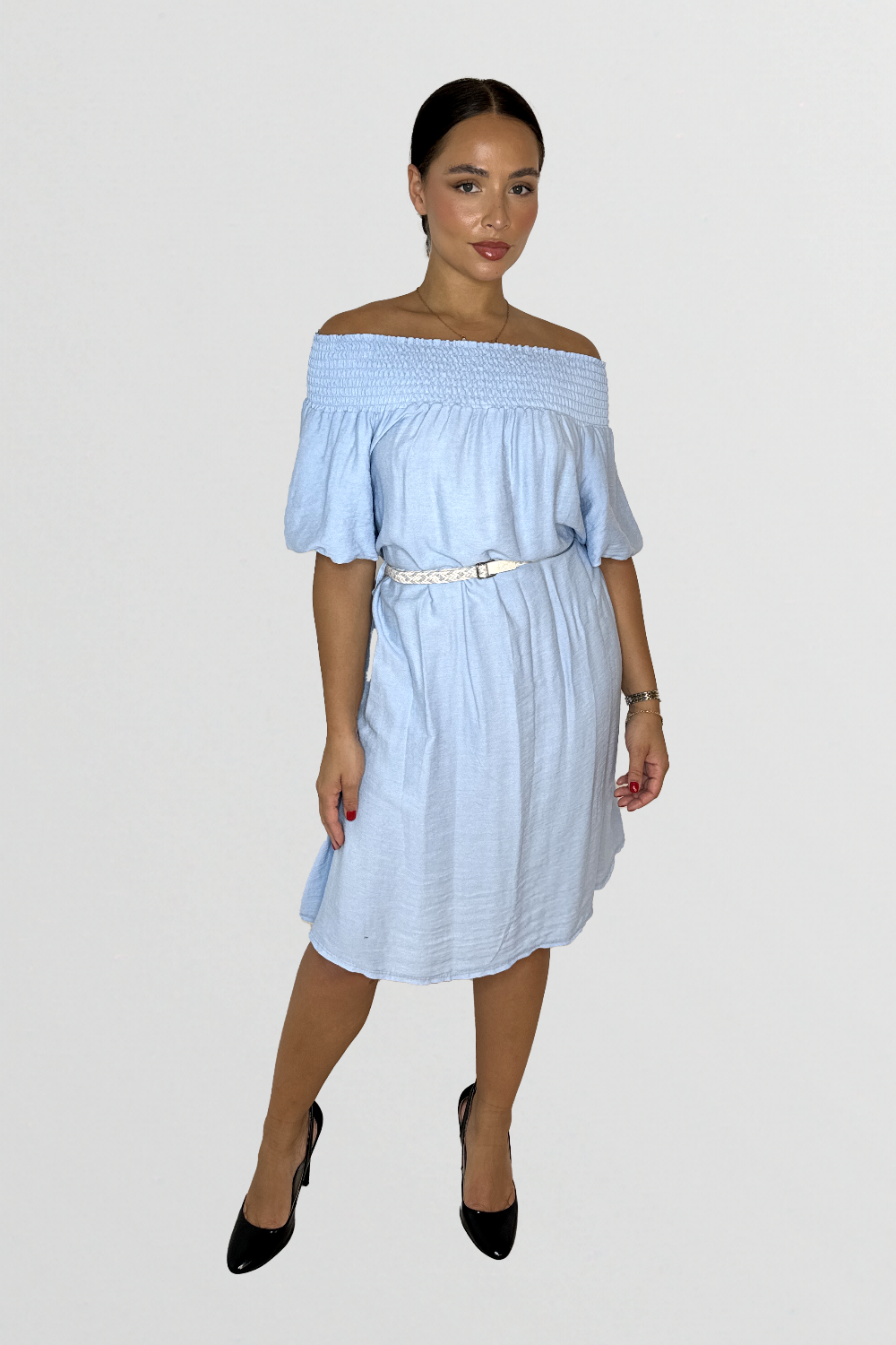 Off The Shoulder Belted Straight Cut Viscose Summer Dress-SinglePrice