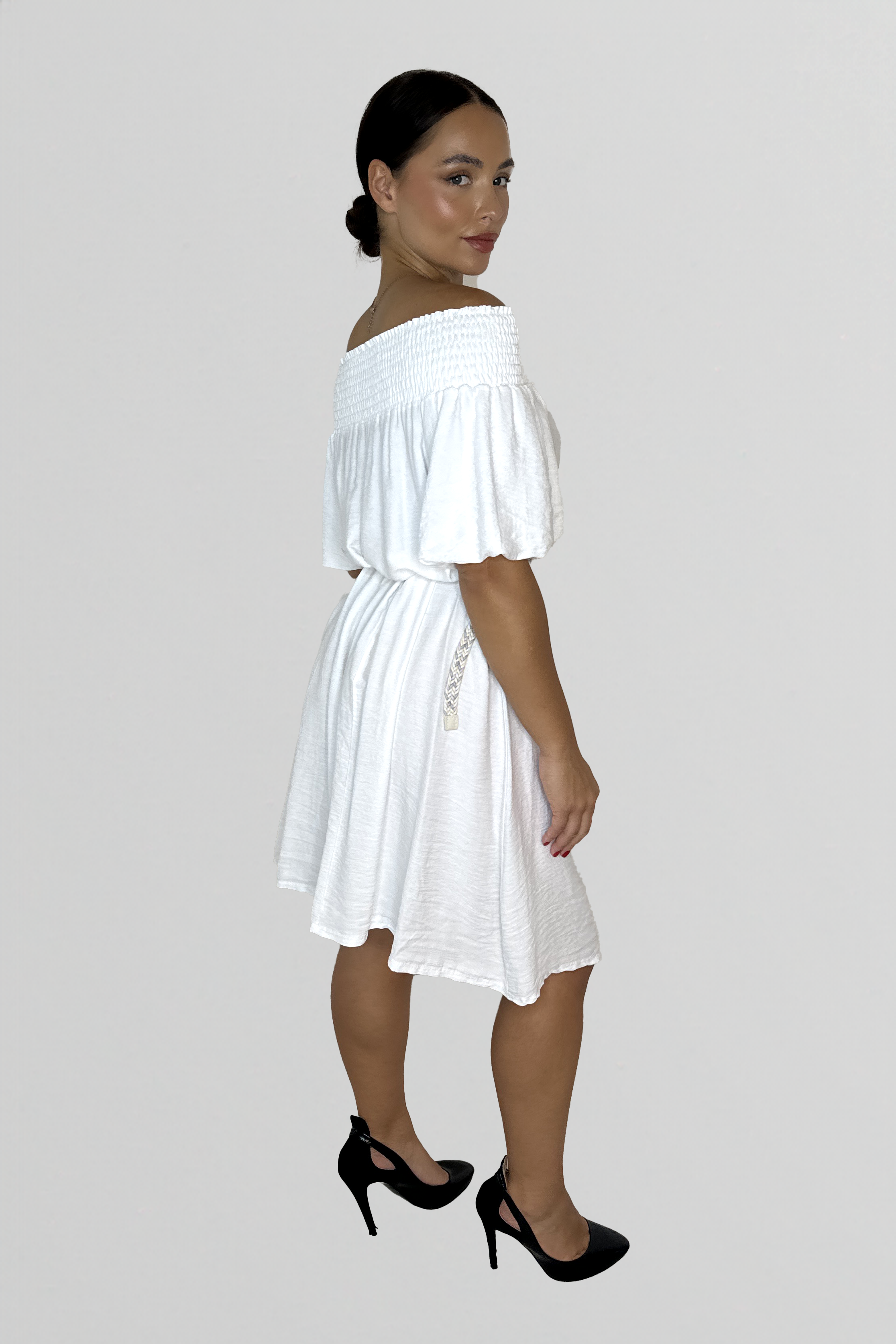 Off The Shoulder Belted Straight Cut Viscose Summer Dress-SinglePrice