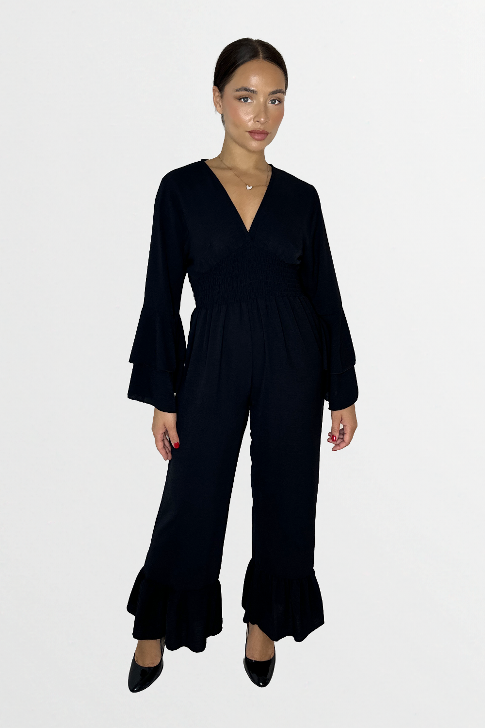 Low V-Cut Neck Bell Sleeve Cinched Waist Frill Wide Leg Petite Jumpsuit-SinglePrice