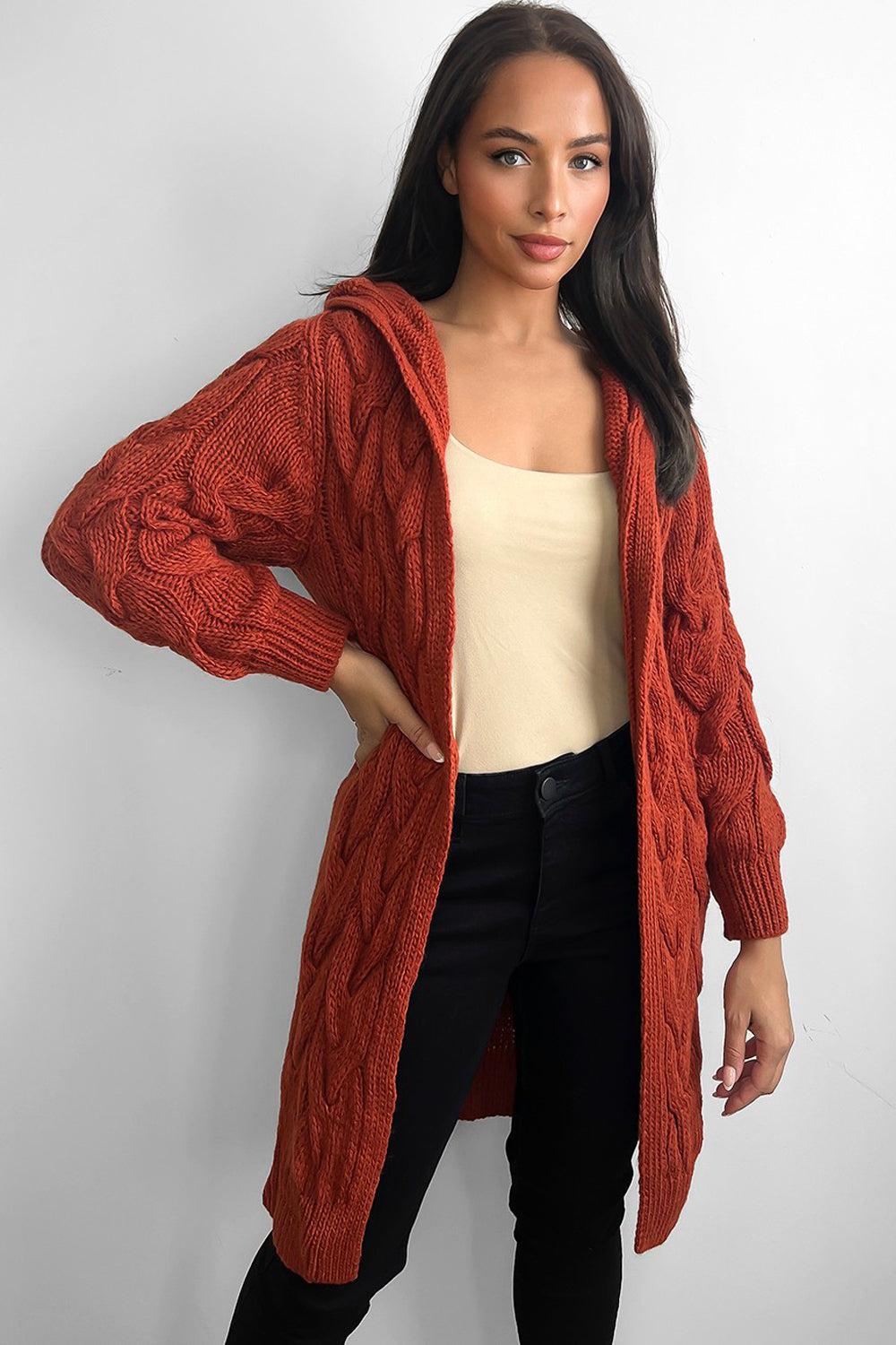 Midi Braided Knit Hooded Cardigan-SinglePrice