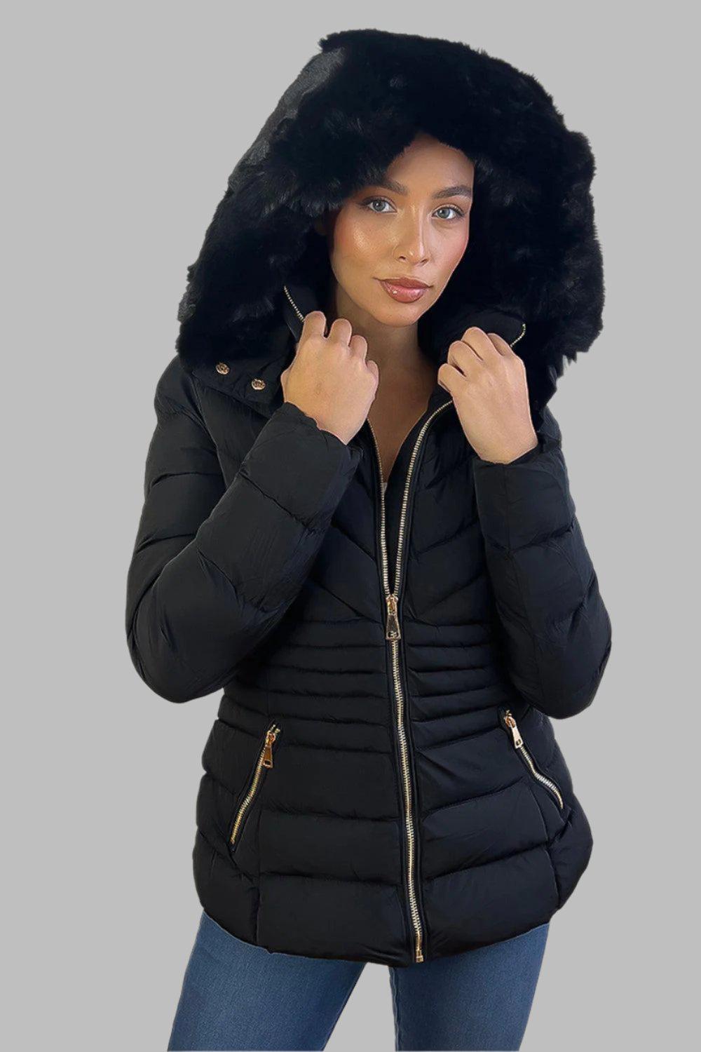 Chevron Quilt Faux Fur Hood Puffer Jacket