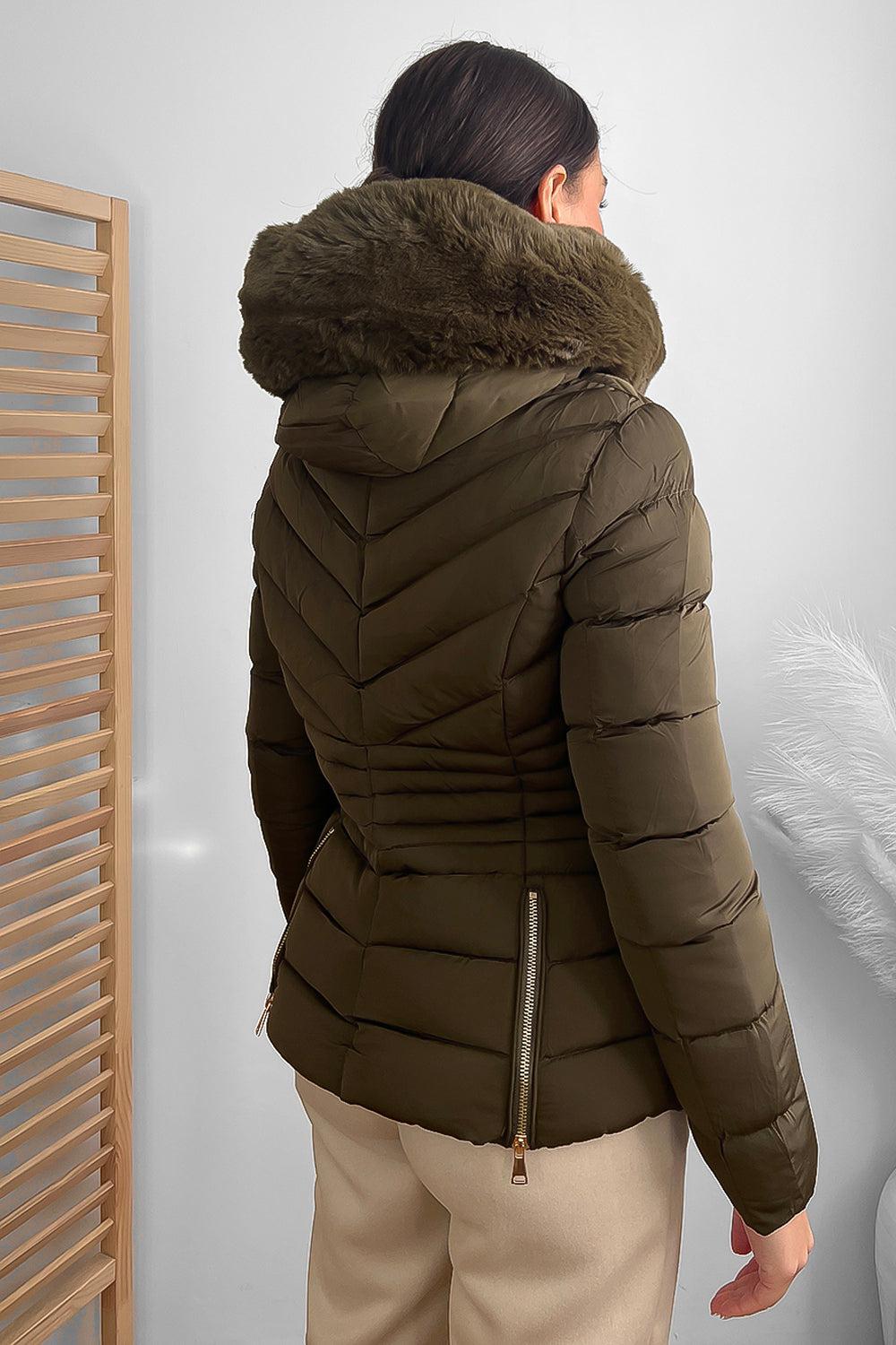 Chevron Quilt Faux Fur Hood Puffer Jacket