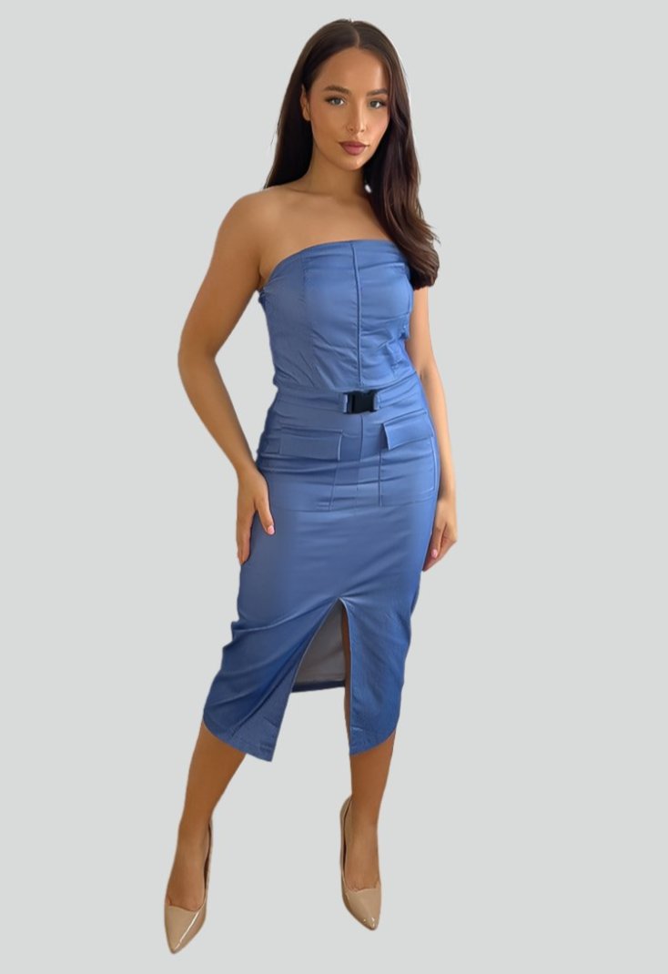 STRETCHY BANDEAU BELTED SLIT CARGO DRESS-SinglePrice