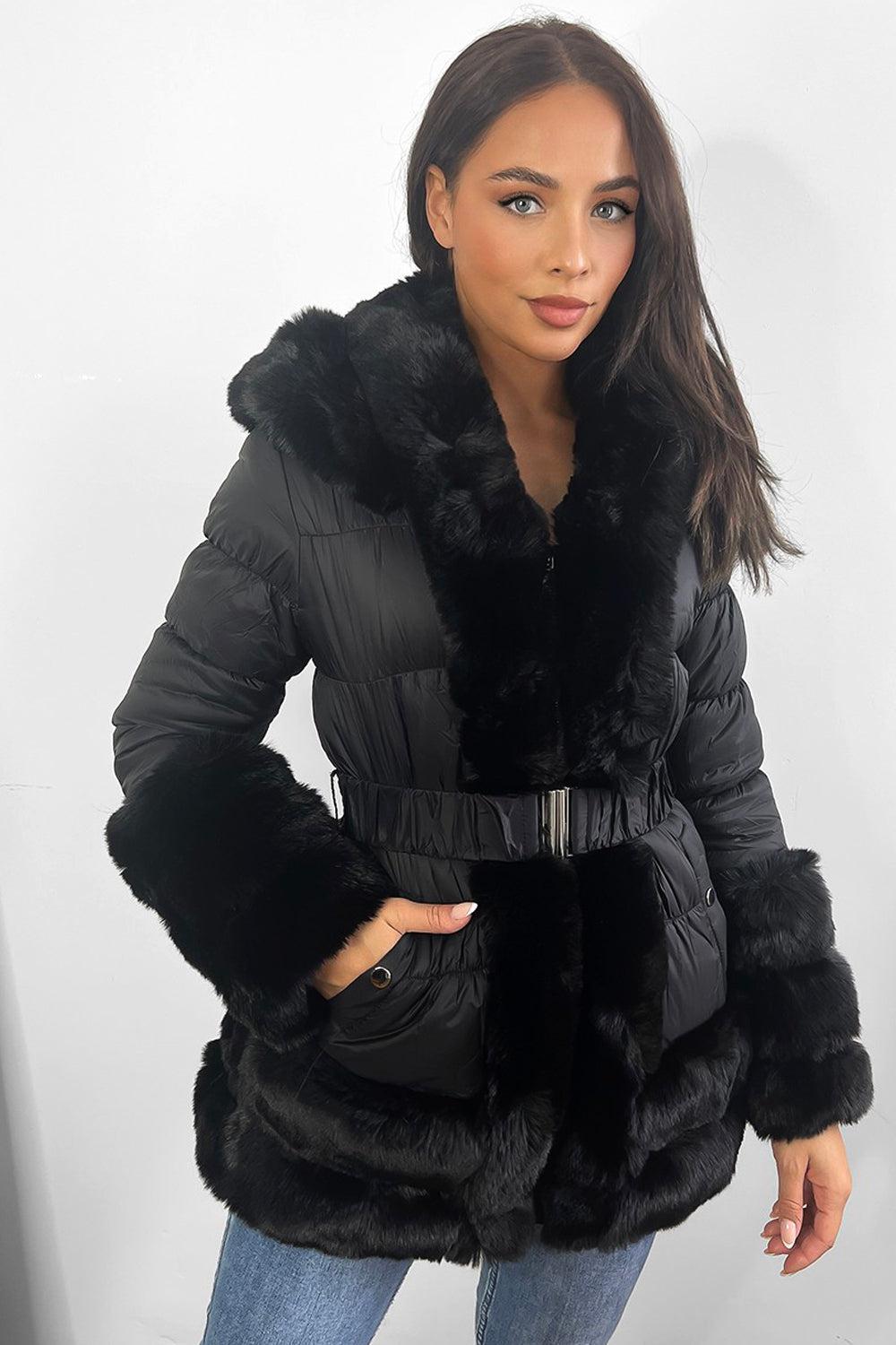 Hooded Faux Fur Hem Elasticated Belt Lined Jacket-SinglePrice