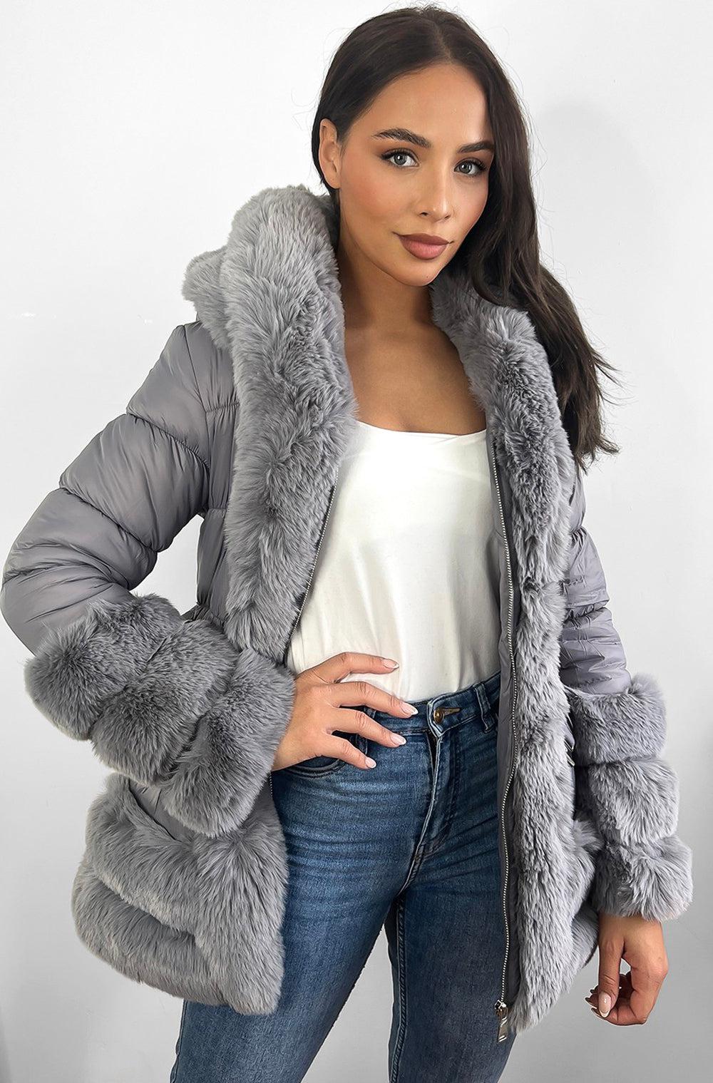 Hooded Faux Fur Hem Elasticated Belt Lined Jacket-SinglePrice