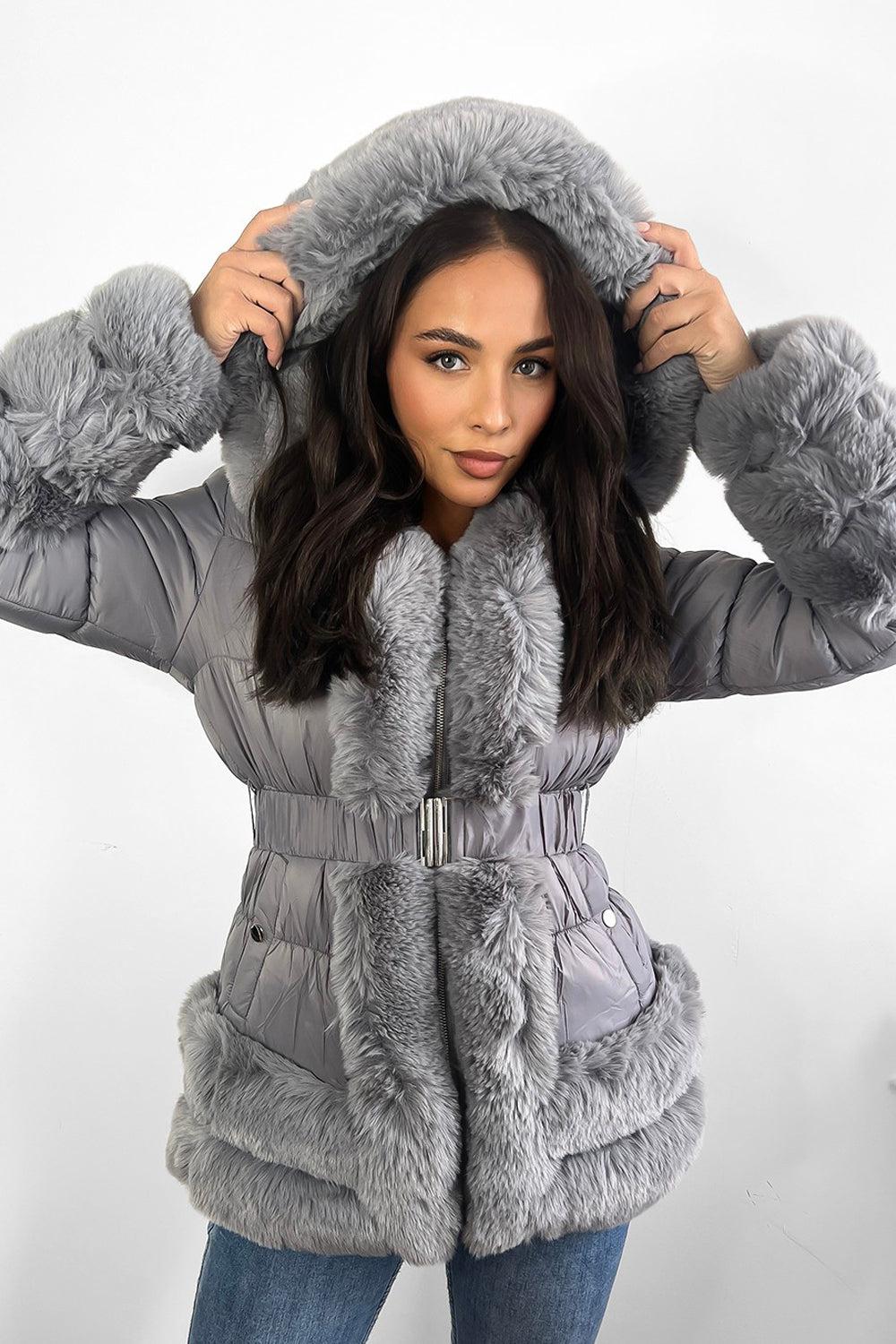 Hooded Faux Fur Hem Elasticated Belt Lined Jacket-SinglePrice