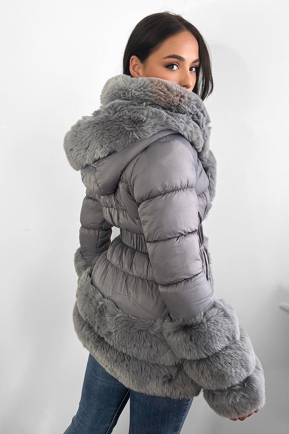 Hooded Faux Fur Hem Elasticated Belt Lined Jacket-SinglePrice