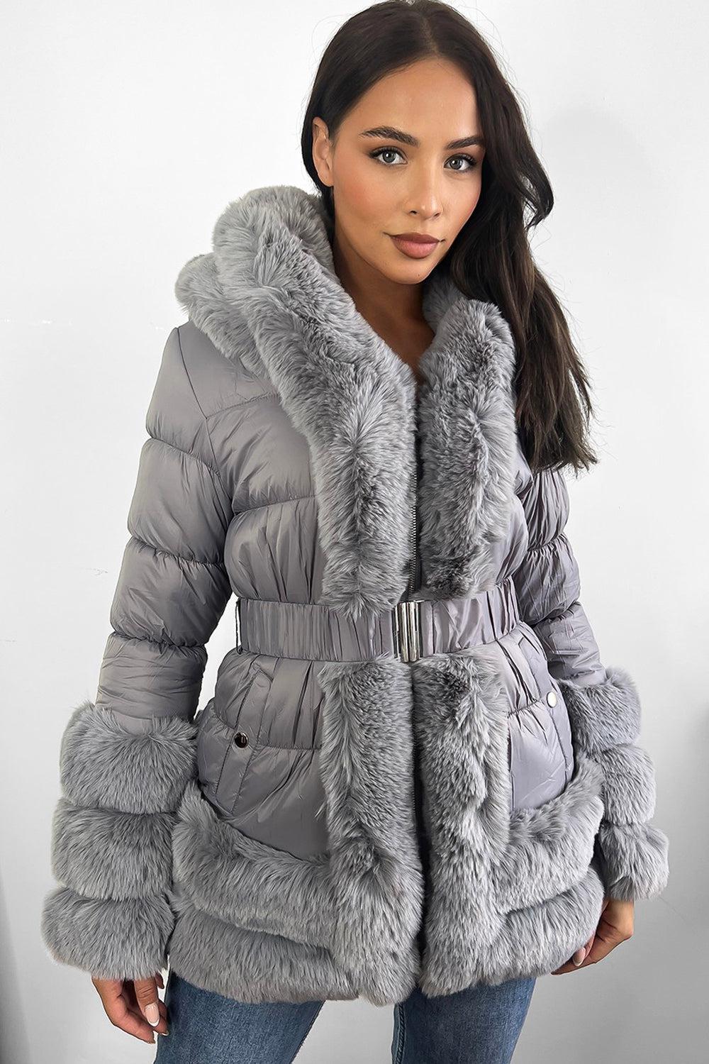 Hooded Faux Fur Hem Elasticated Belt Lined Jacket-SinglePrice