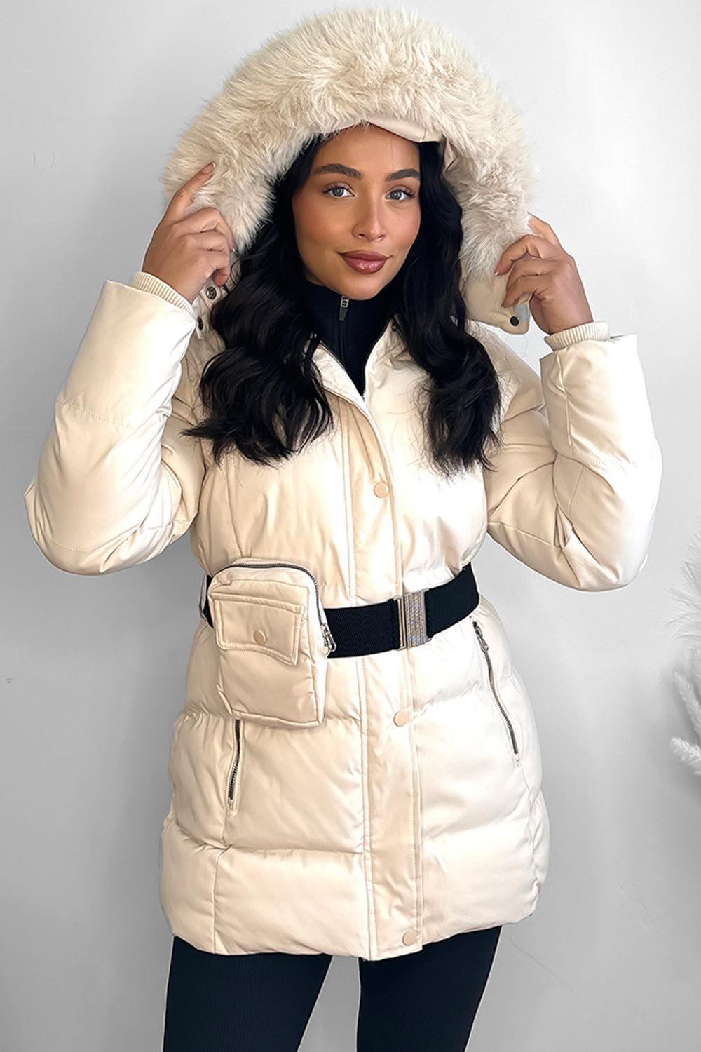 Coat with fur on sale hood and belt