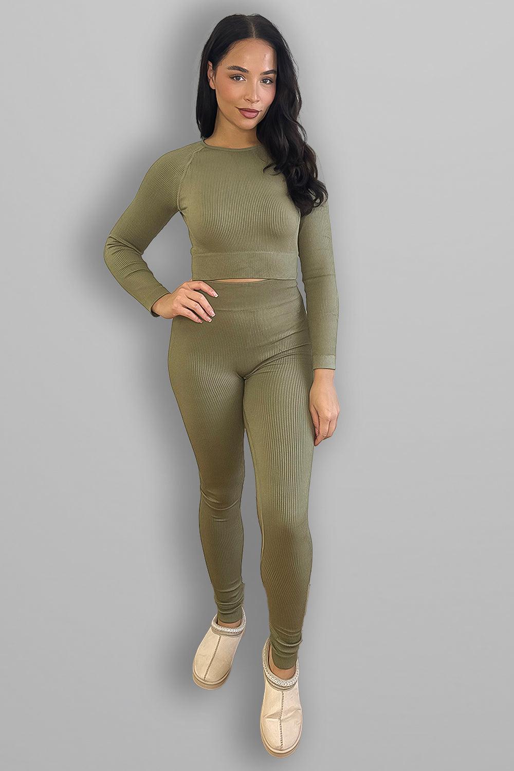 Stretchy Ribbed Long Sleeve Top and Leggings Activewear Set