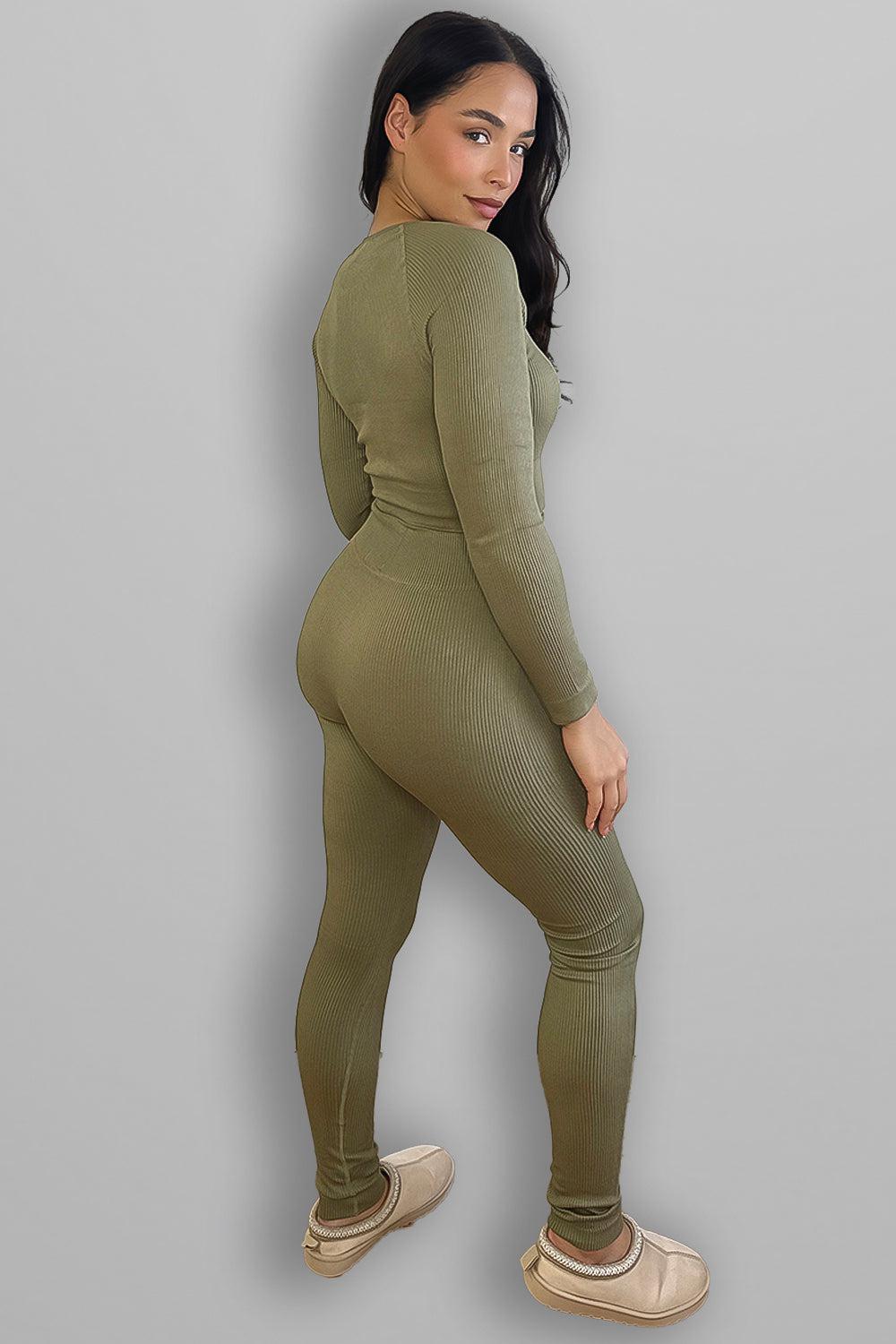 Stretchy Ribbed Long Sleeve Top and Leggings Activewear Set