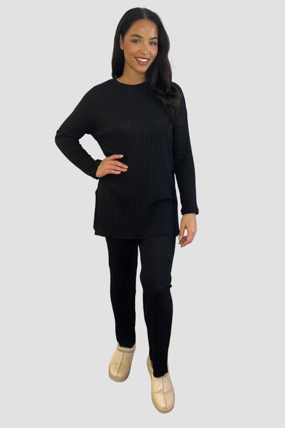 Ribbed Jersey High Neck Tunic And Trousers Set-SinglePrice