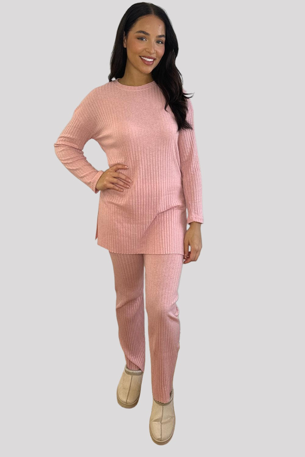 Ribbed Jersey High Neck Tunic And Trousers Set-SinglePrice