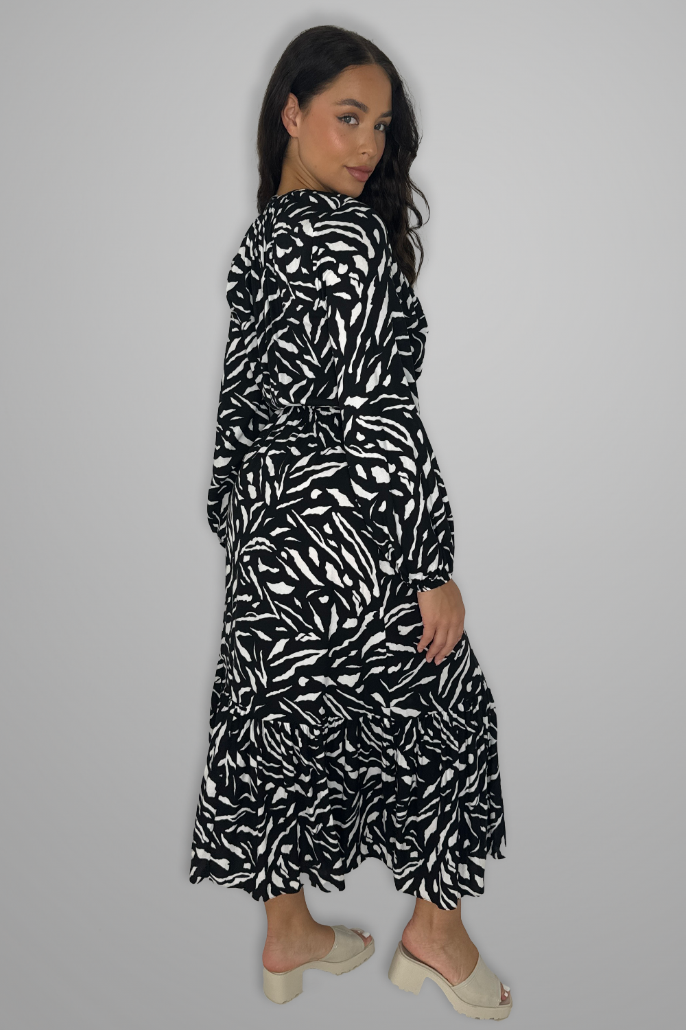 Monochrome Tie Up Long Dress-SinglePrice