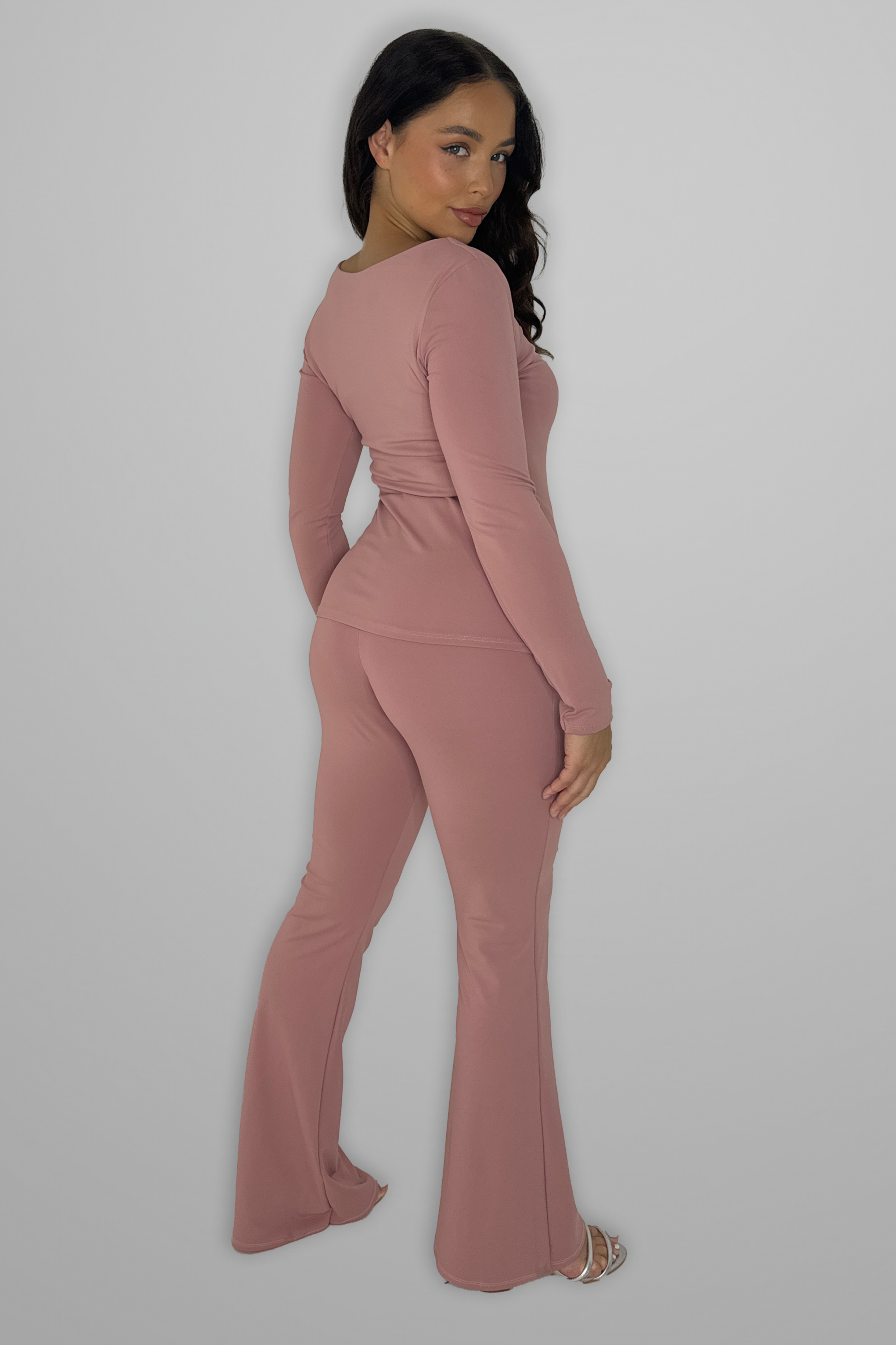 Square Neck Long Sleeve Top And Flare Leg Co-ord Set-SinglePrice