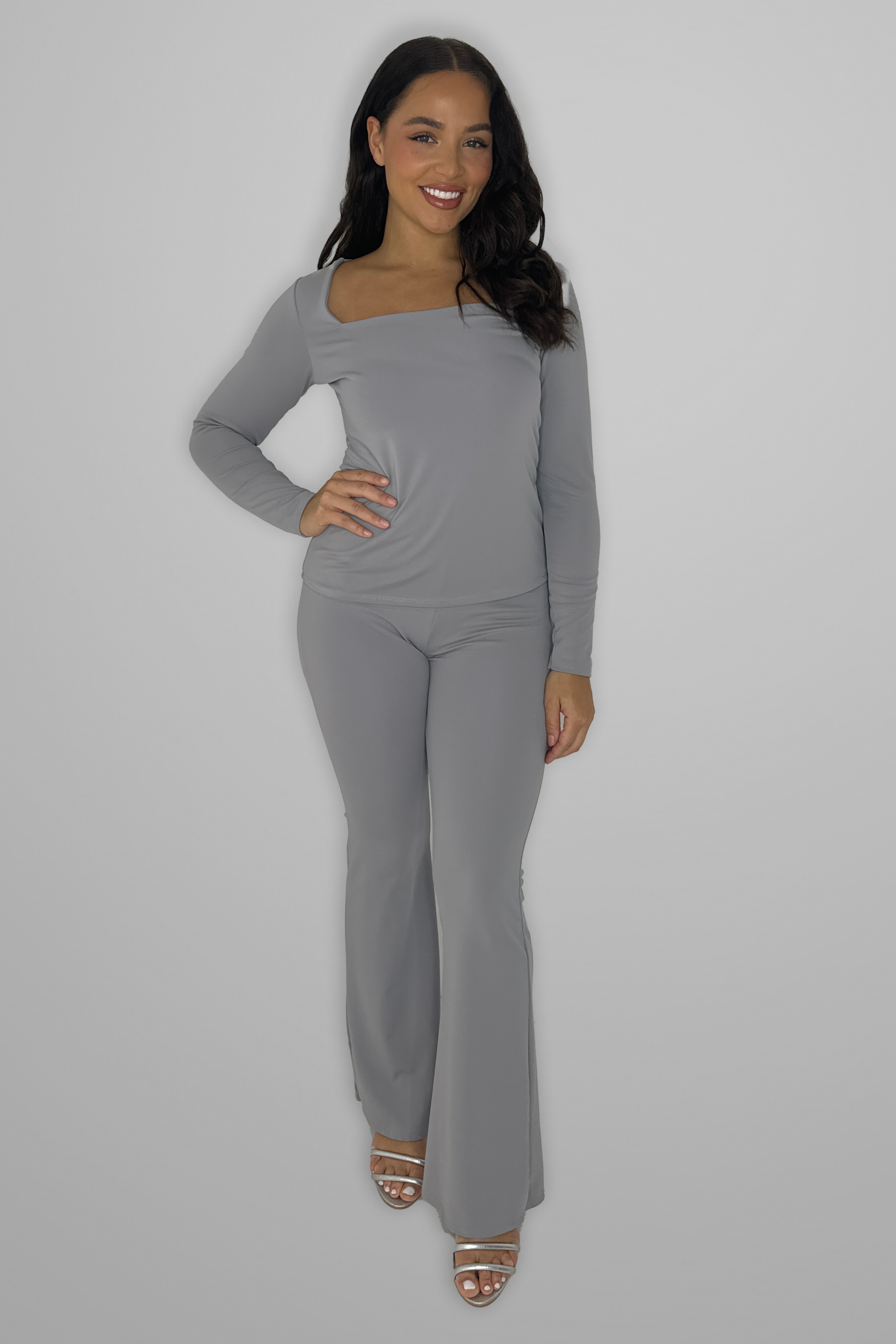 Square Neck Long Sleeve Top And Flare Leg Co-ord Set-SinglePrice