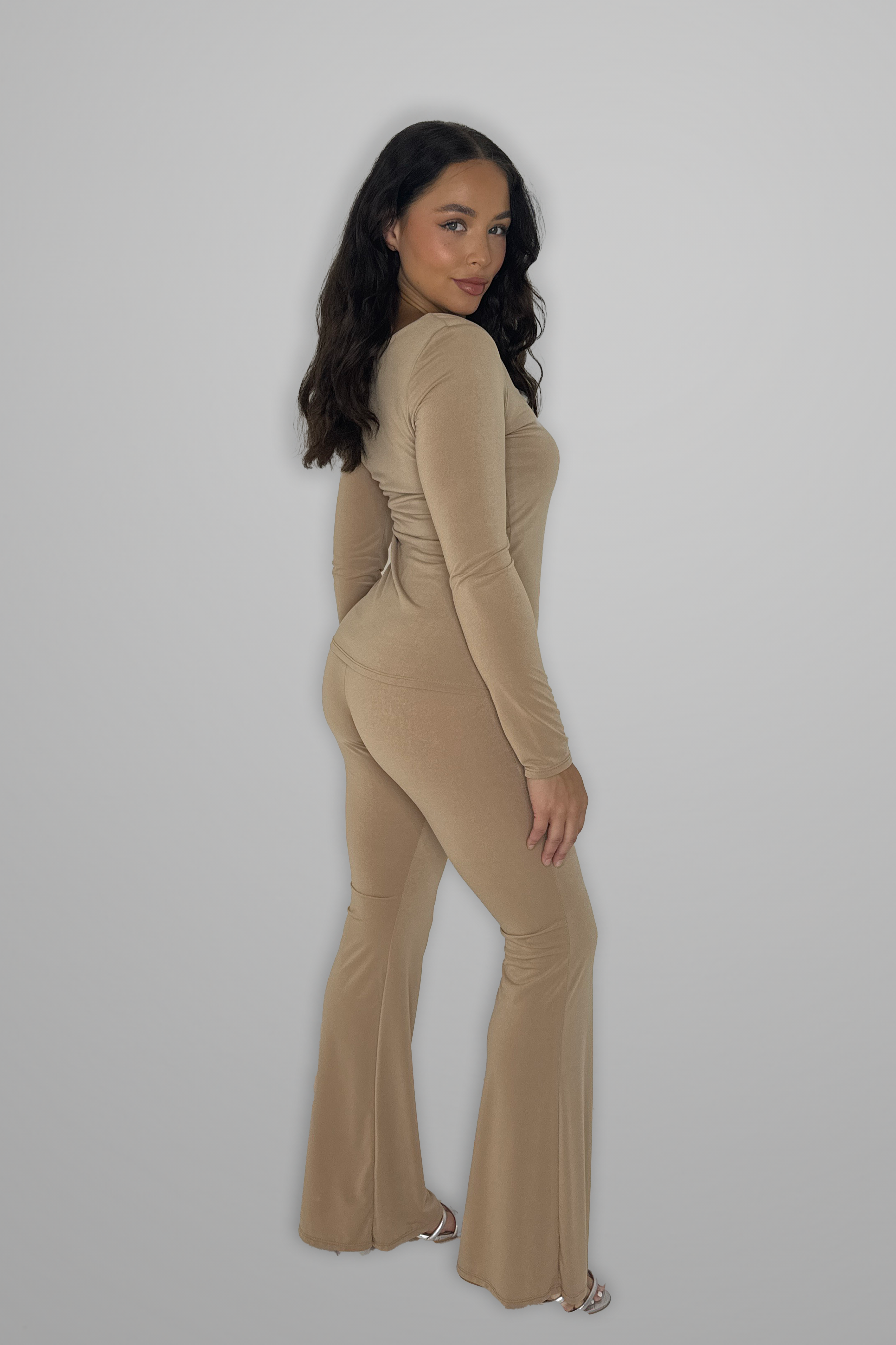 Square Neck Long Sleeve Top And Flare Leg Co-ord Set-SinglePrice