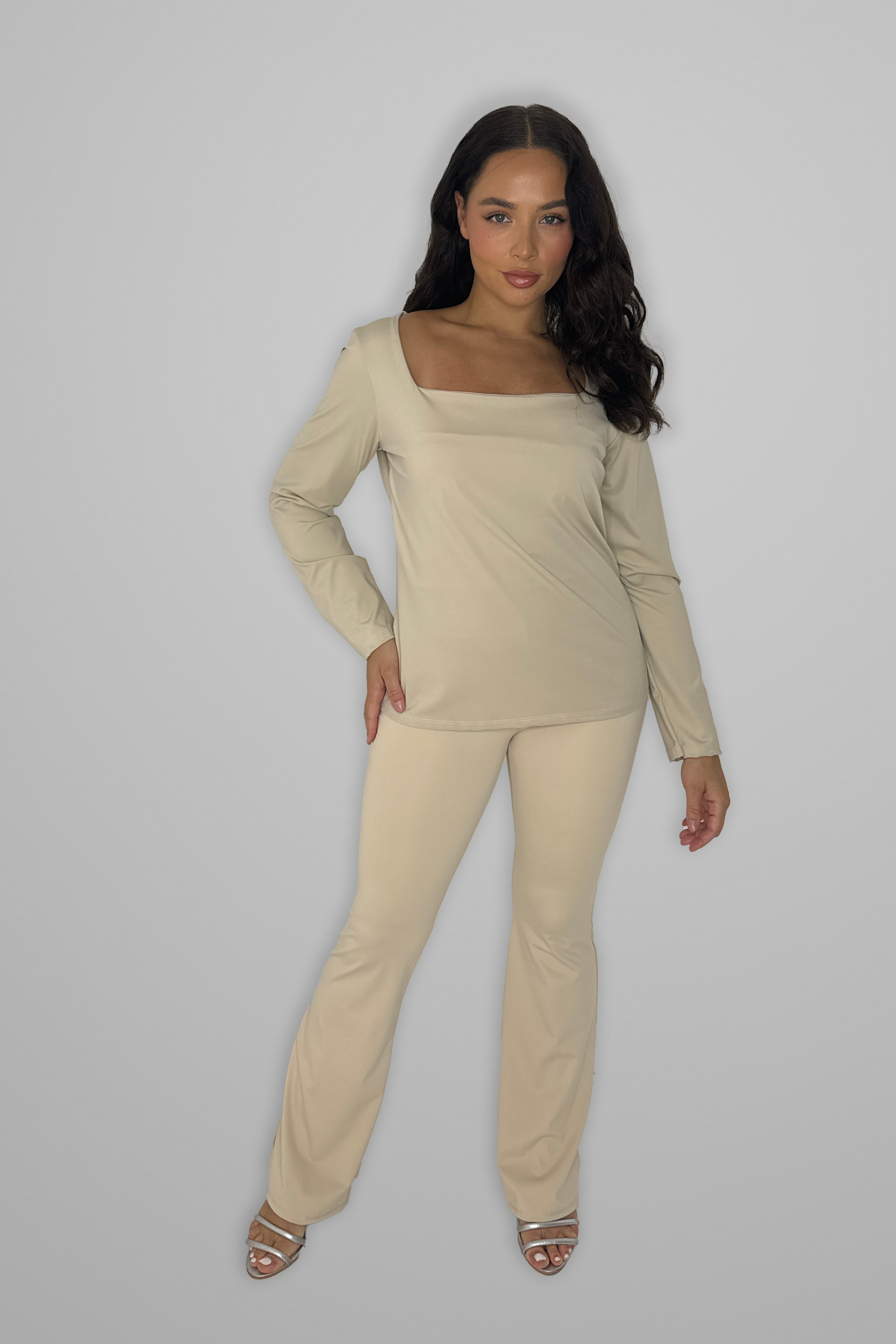 Square Neck Long Sleeve Top And Flare Leg Co-ord Set-SinglePrice