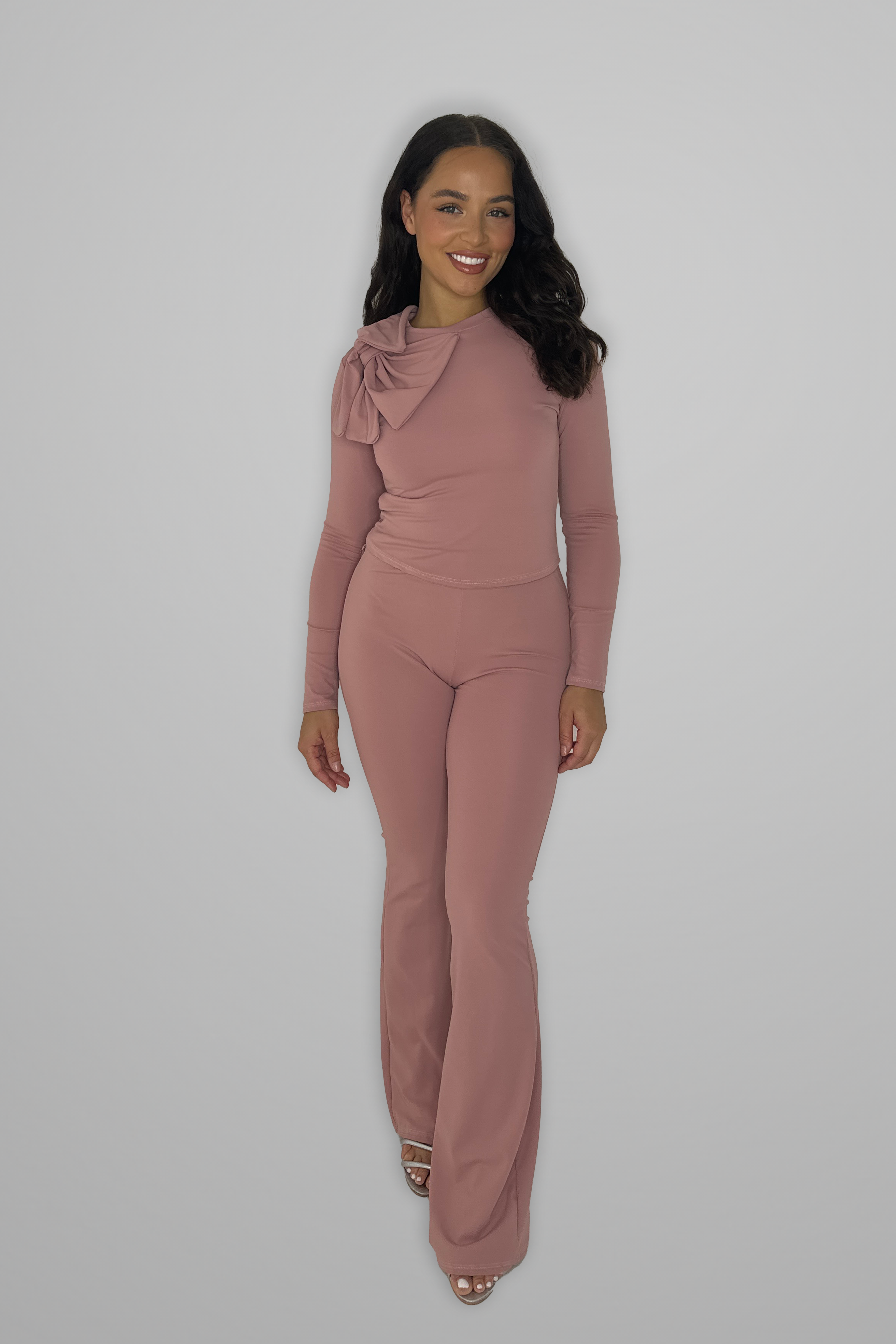 Pink Bow Detail Slinky Top And Flare Leg 2-piece Co-ord Set-SinglePrice