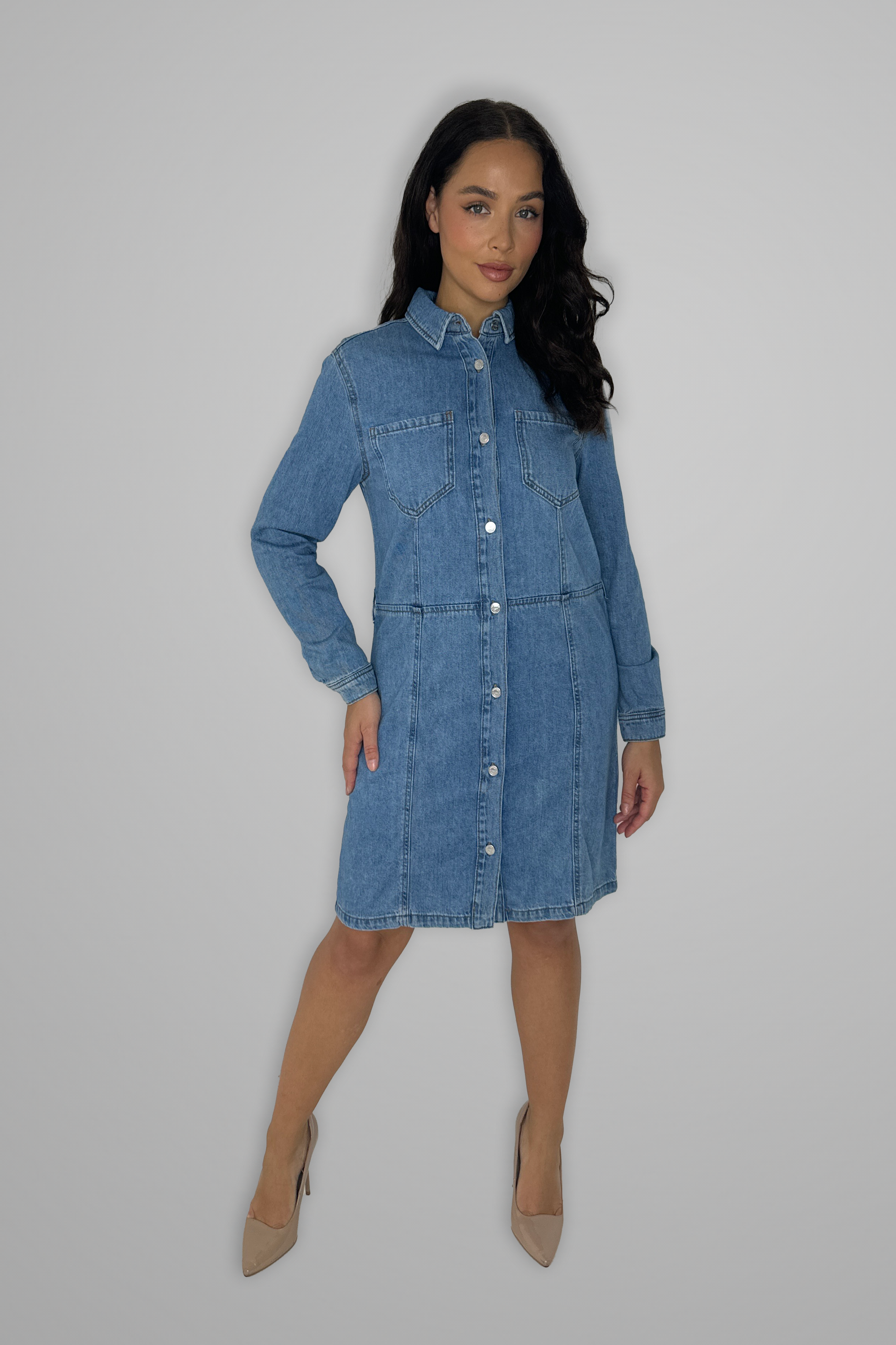 Long Sleeve Button Down Thick Denim Dress-SinglePrice