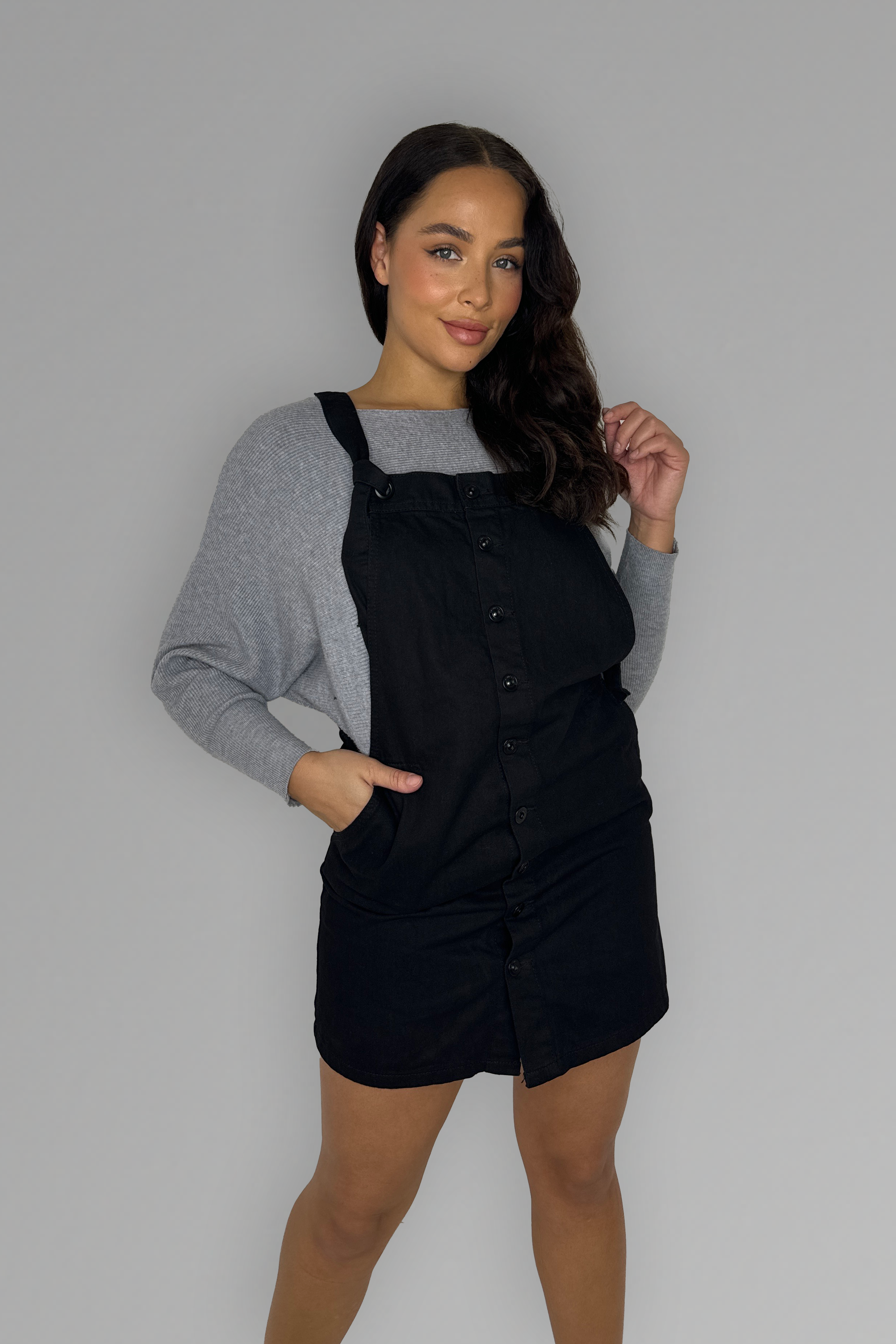 Black Button Placket Classic Denim Pinafore Dress