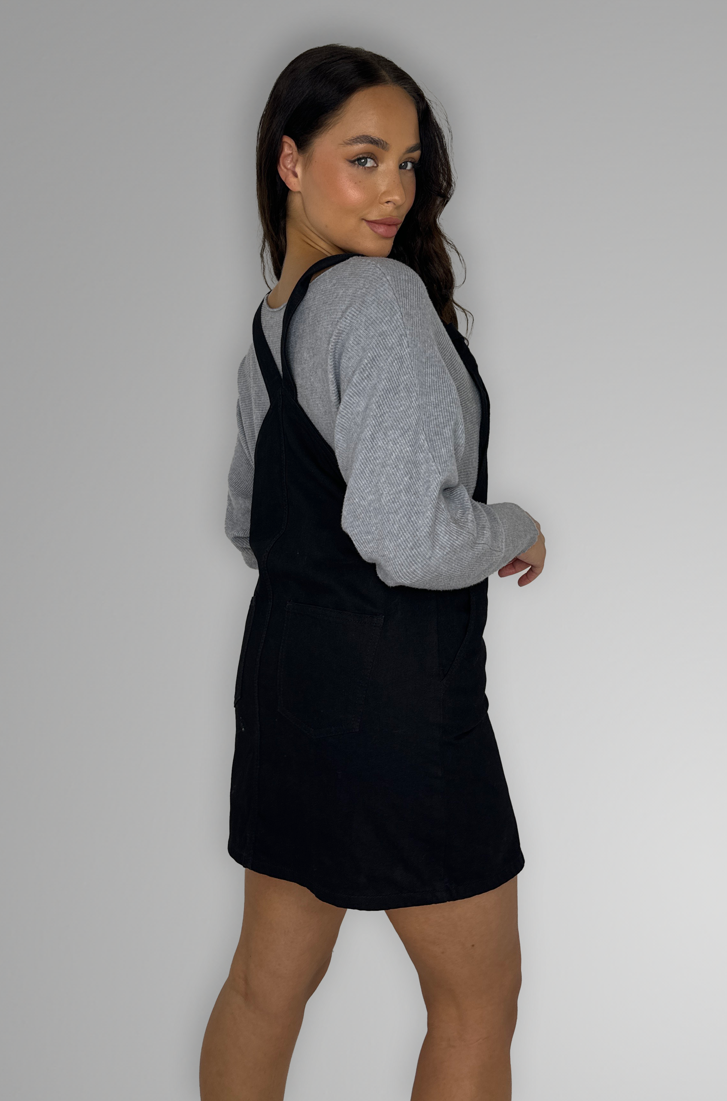 Black Button Placket Classic Denim Pinafore Dress