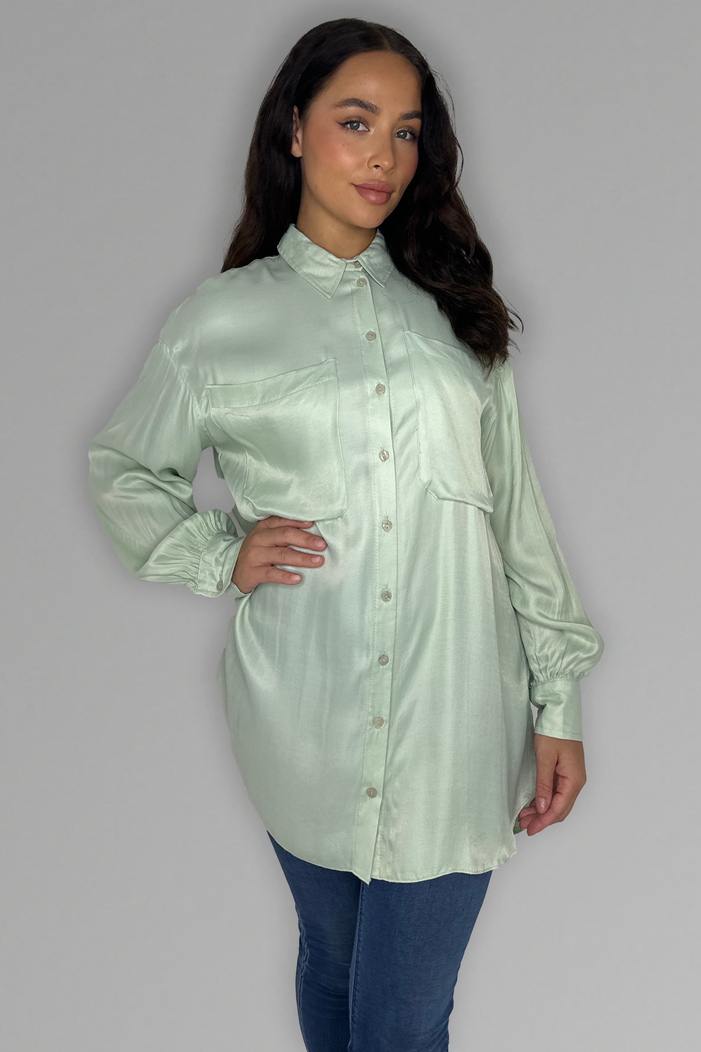 Mint Long Sleeve Satin Shirt-SinglePrice