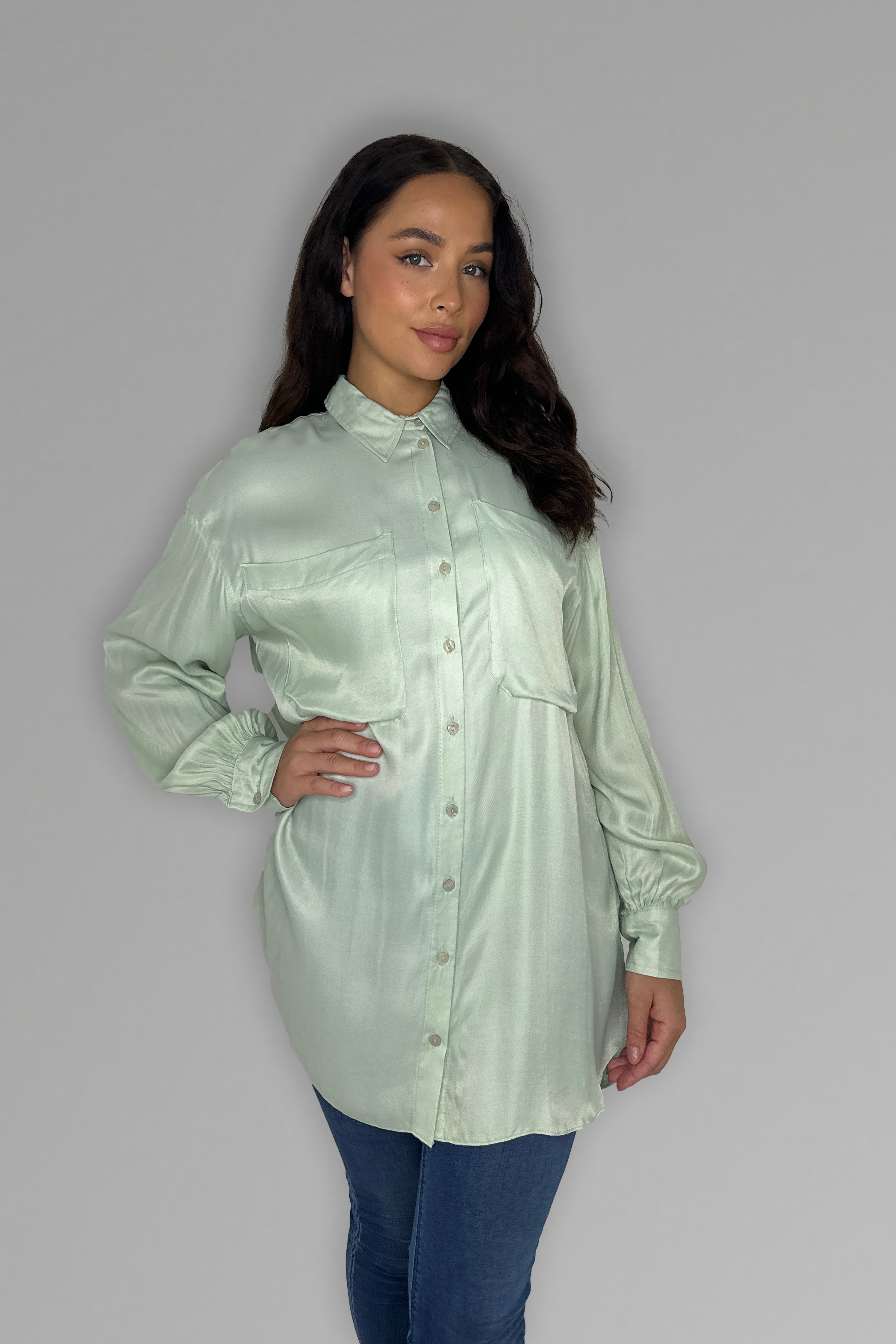 Mint Long Sleeve Satin Shirt-SinglePrice