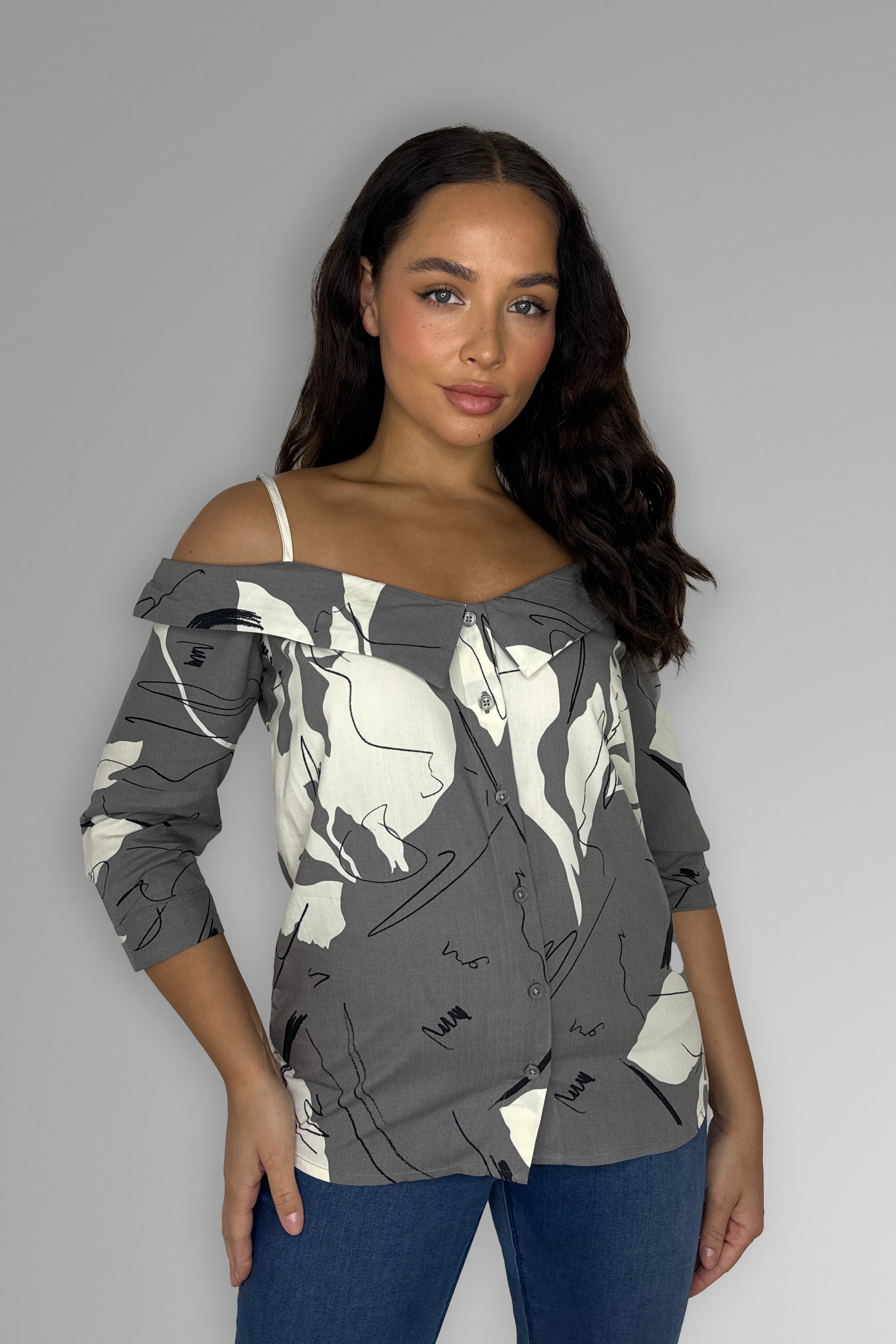 Strappy Off The Shoulder Print Blouse-SinglePrice