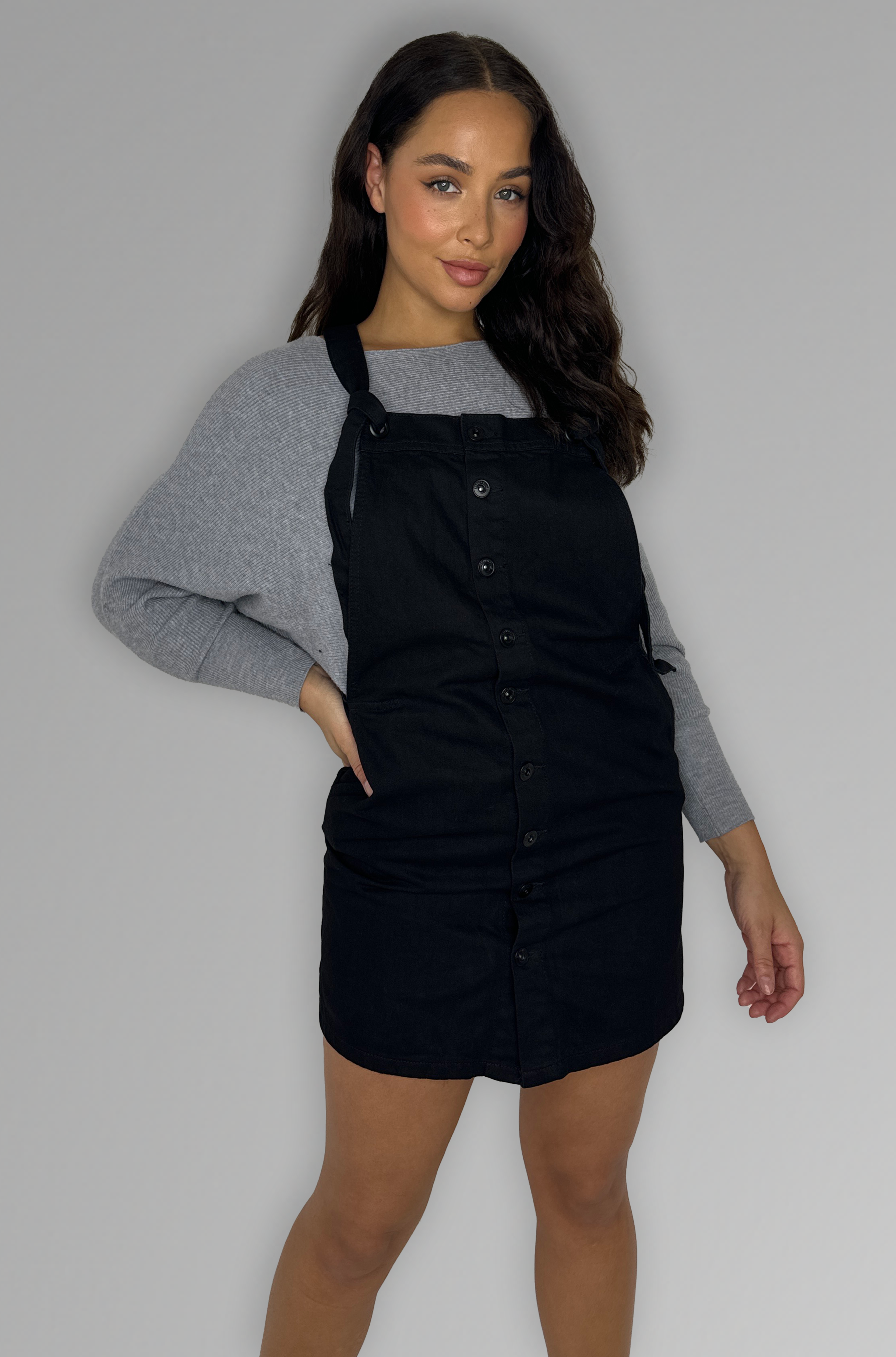 Black Button Placket Classic Denim Pinafore Dress