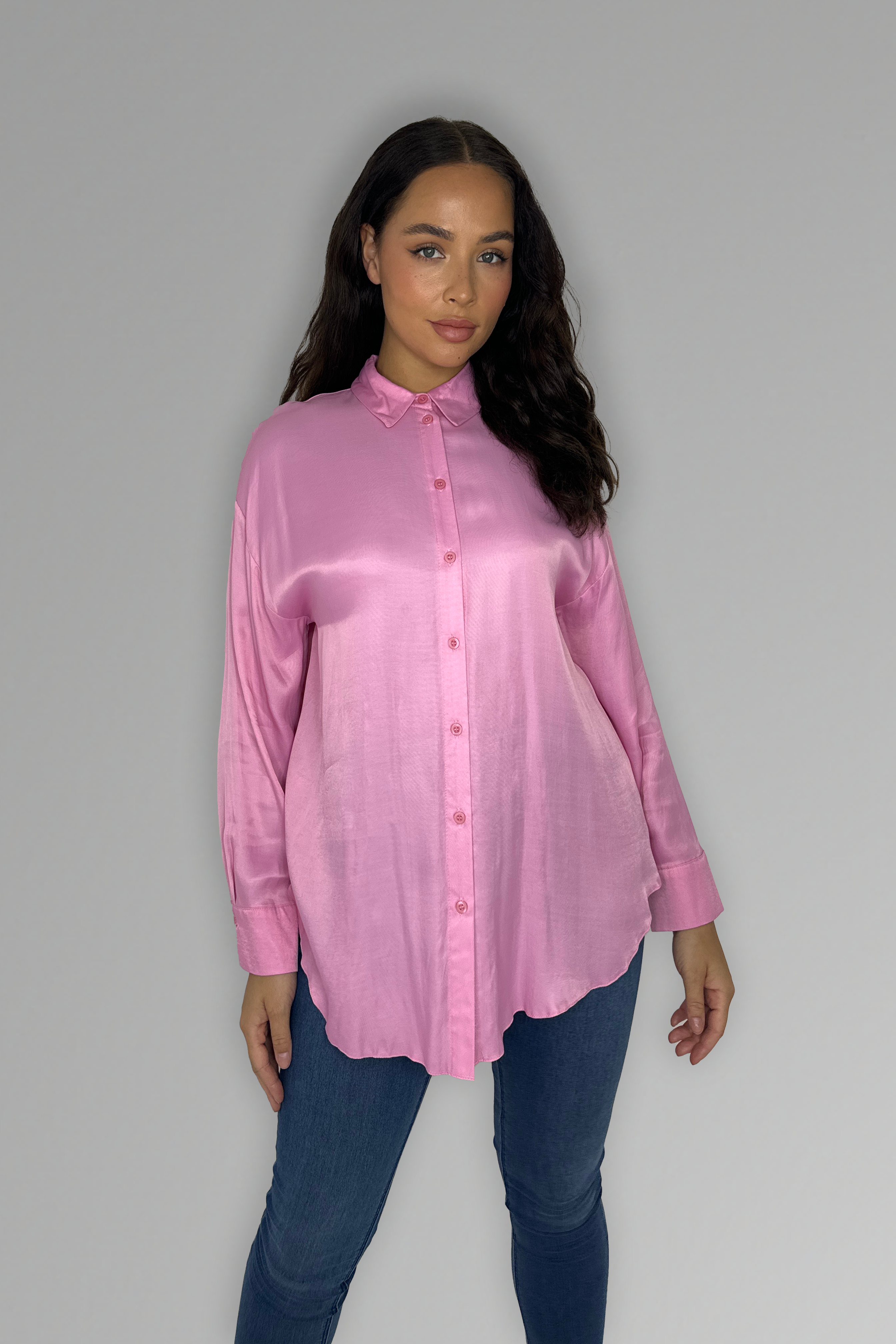 Pink Classic Long Sleeve Satin Shirt-SinglePrice