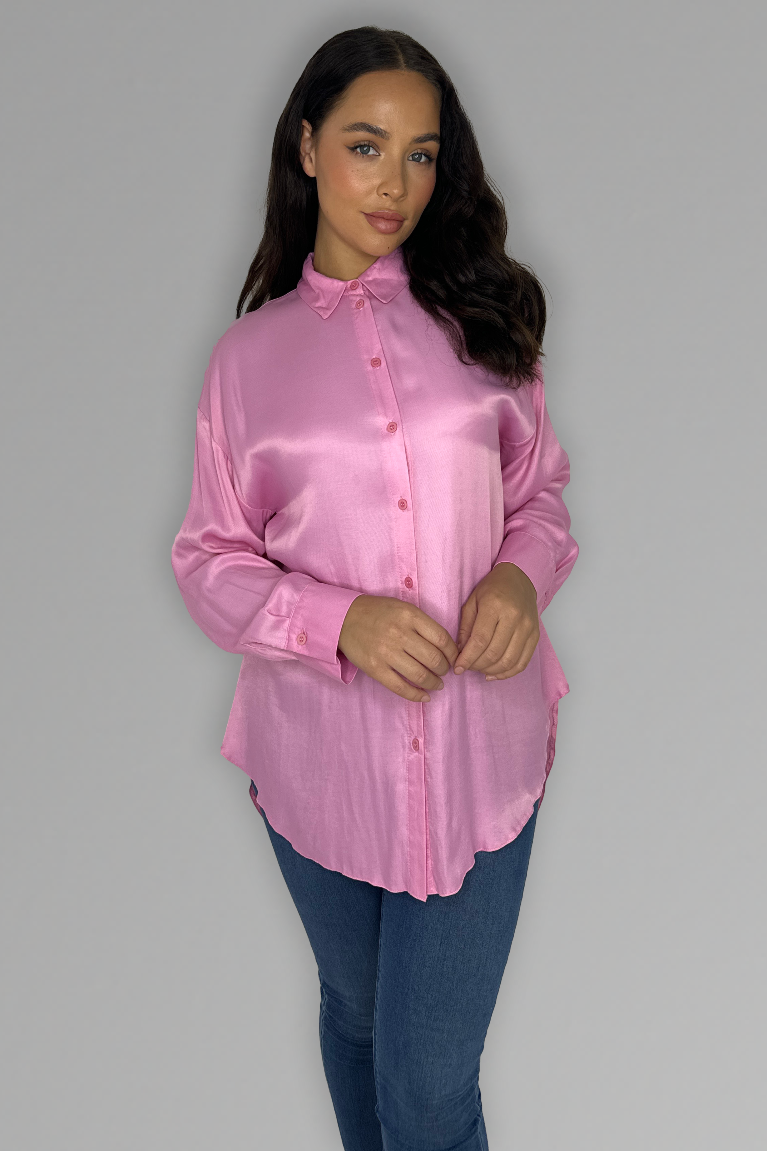 Pink Classic Long Sleeve Satin Shirt-SinglePrice