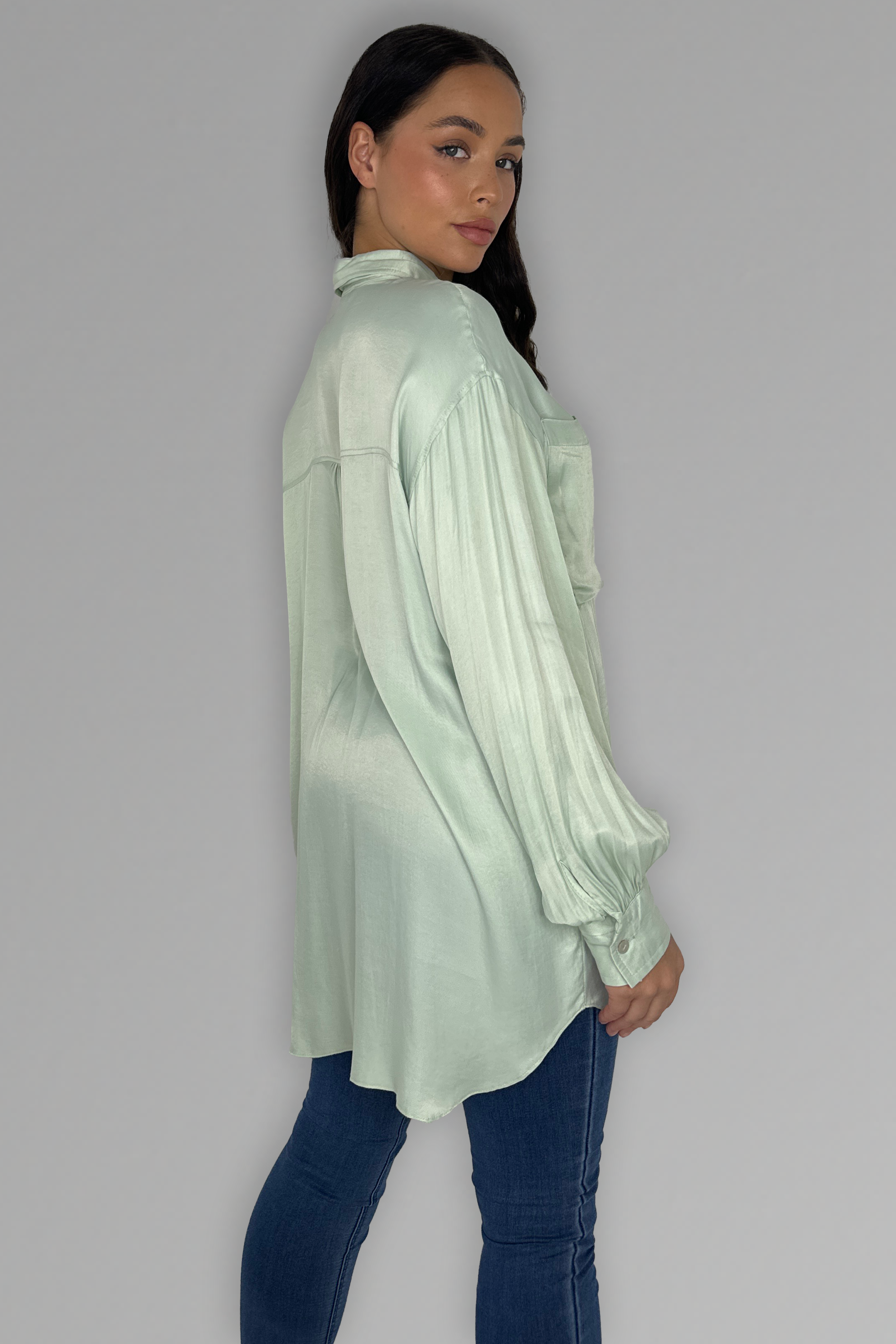 Mint Long Sleeve Satin Shirt-SinglePrice