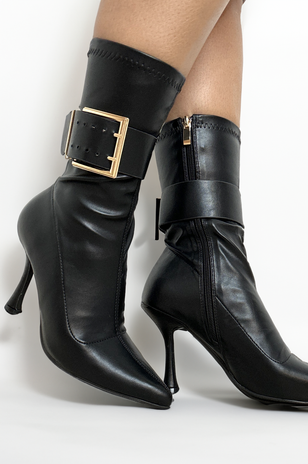 Belted Vegan Leather 3 Inch Spool Heel Pointed Toe Booties