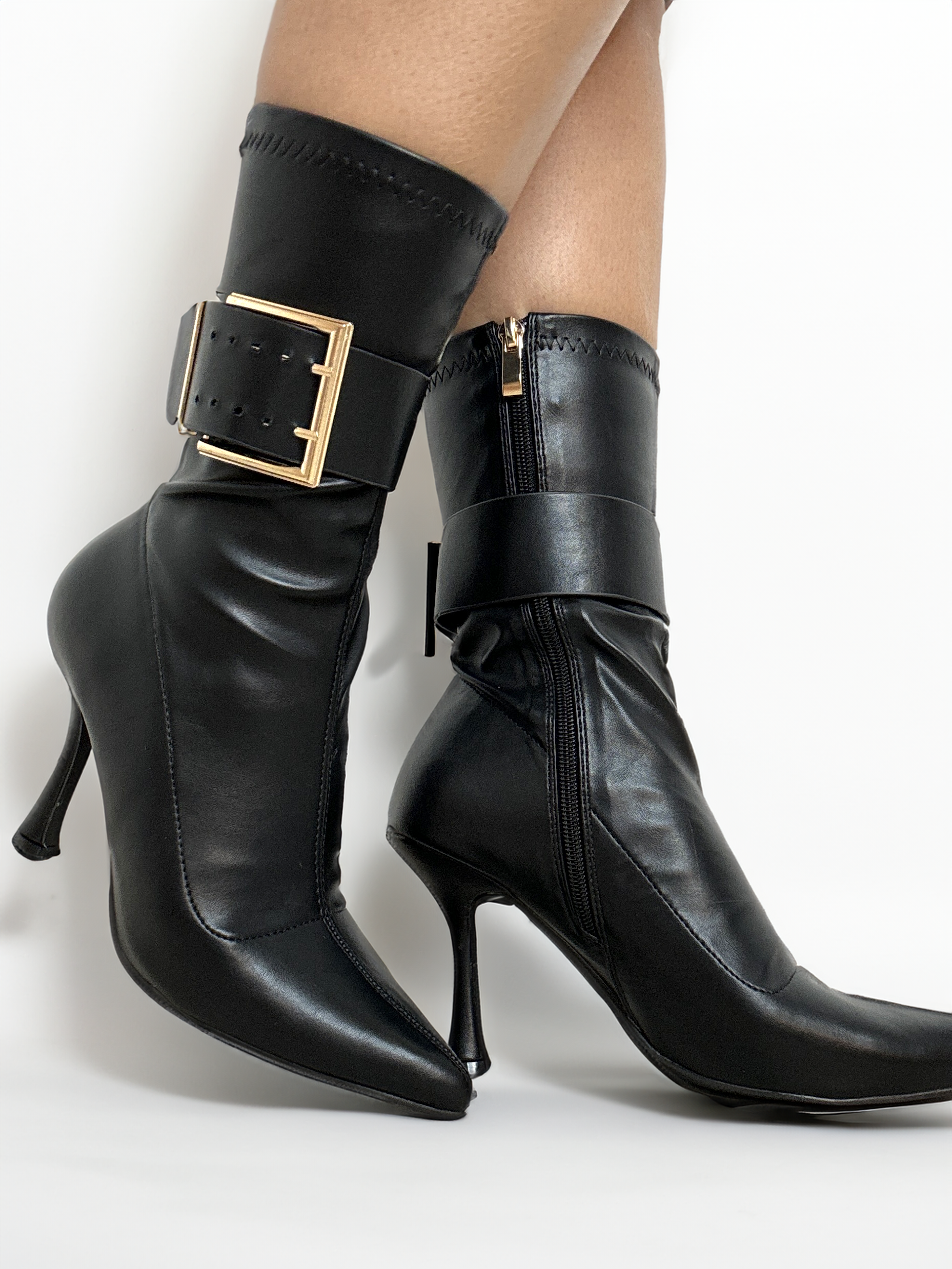 Belted Vegan Leather 3 Inch Spoon Heel Pointed Toe Booties