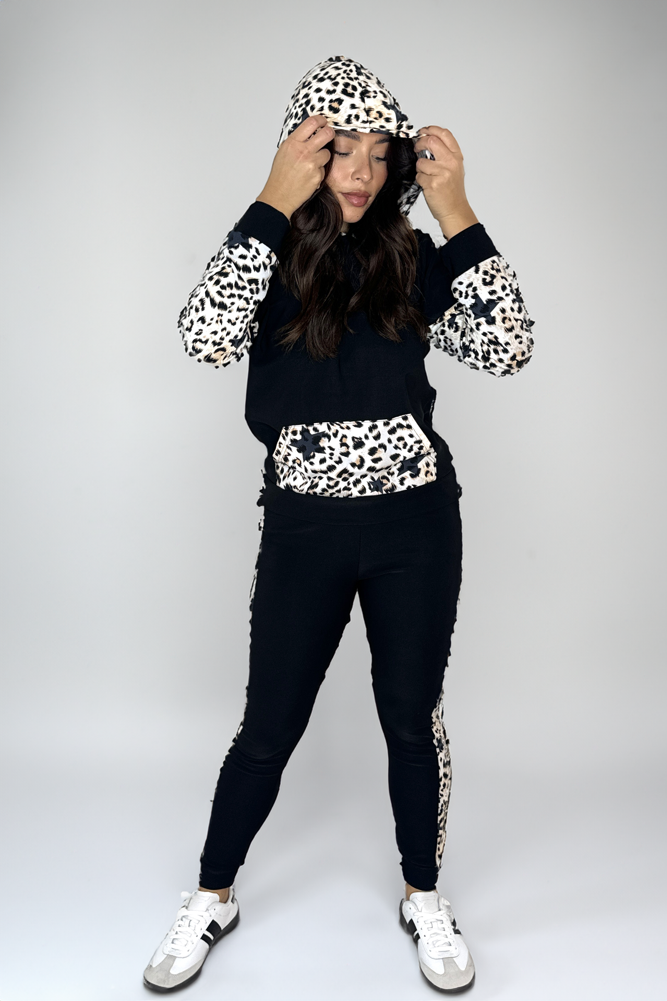 Leopard Print Colour Block Hooded Loungewear Set