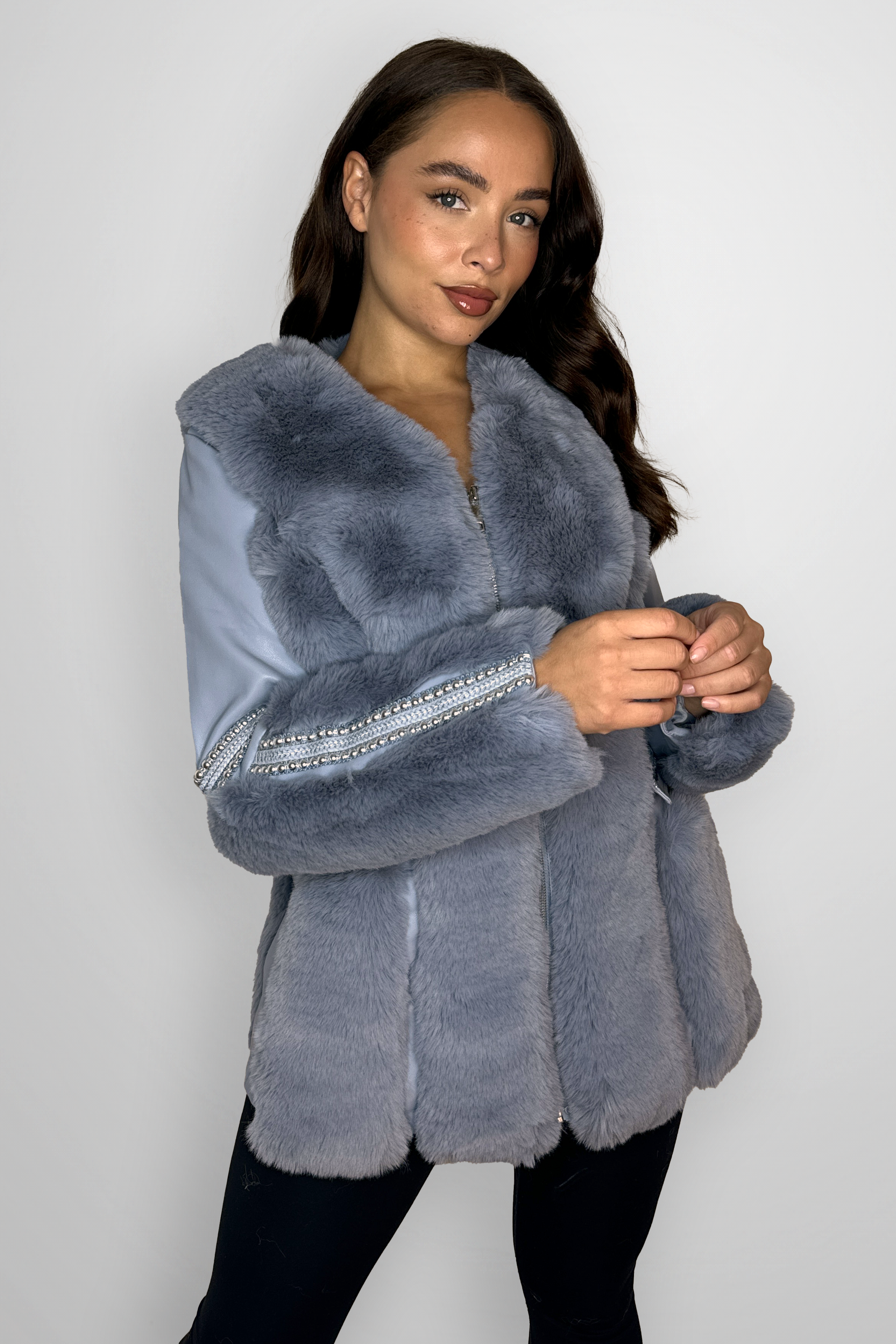 Vegan Fur With Leather Panel Luxurious Beaded Trim Elegant Jacket