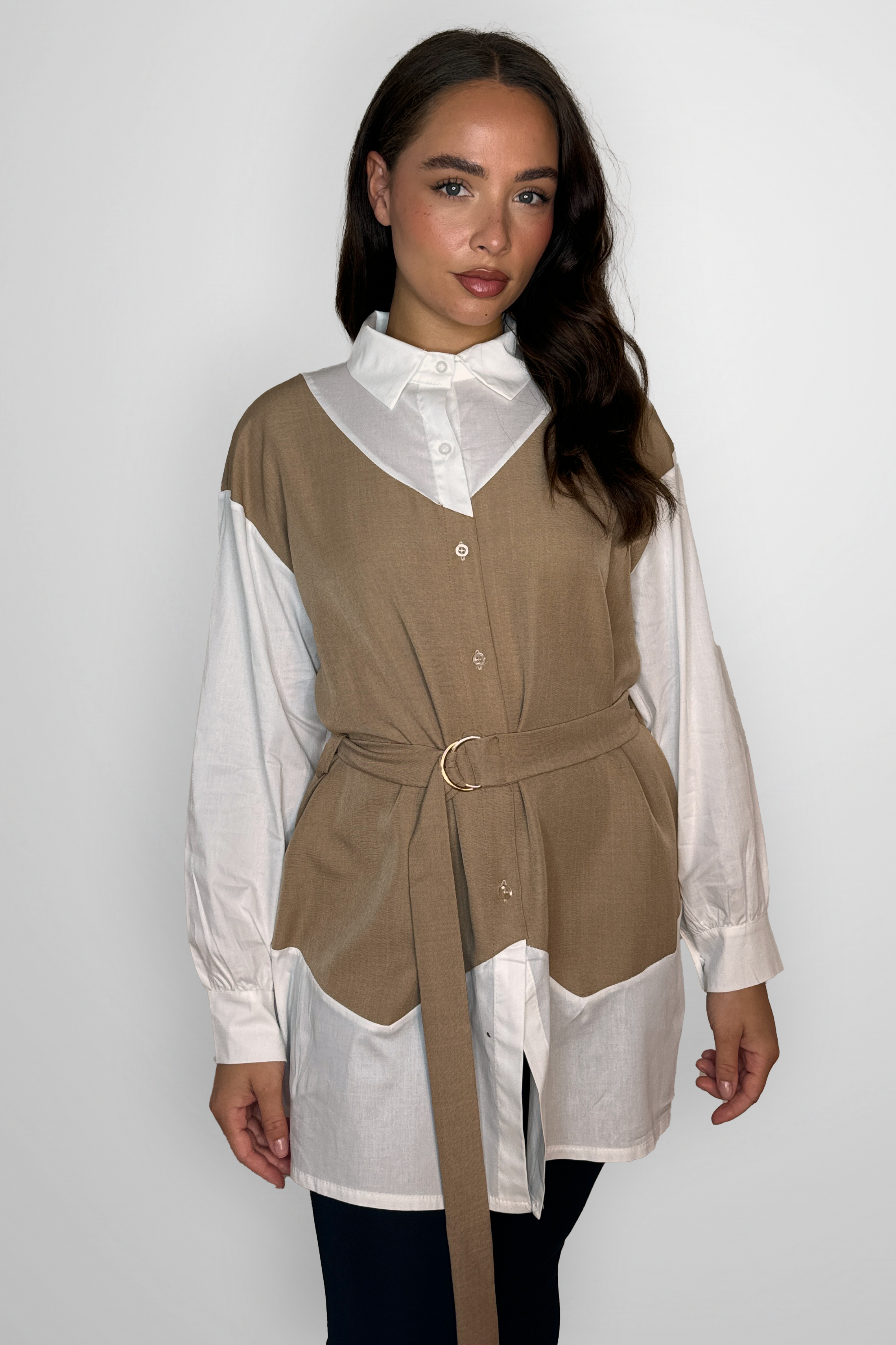 Colour Block Long Line Belted Smart Insert Shirt