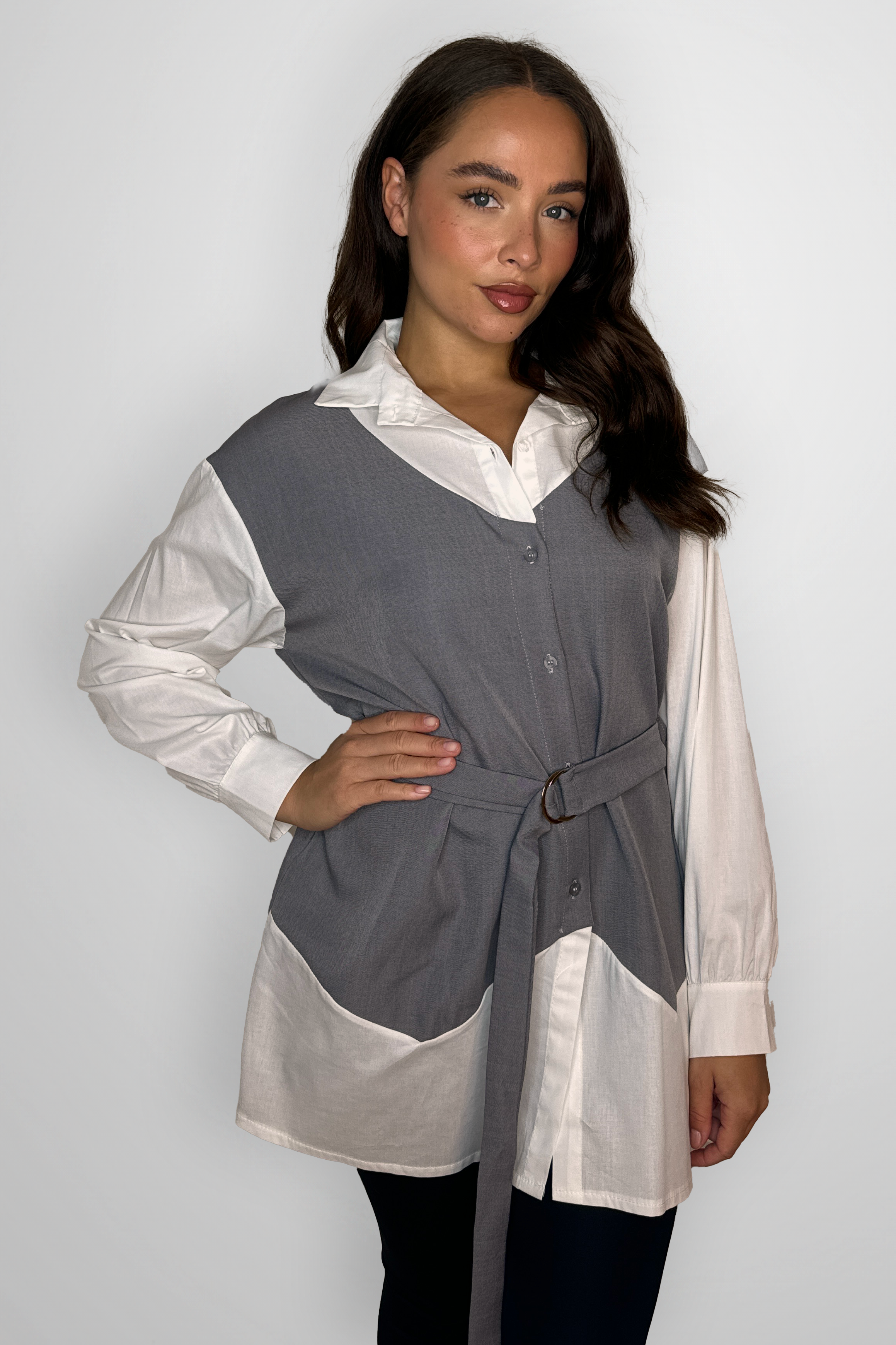 Colour Block Long Line Belted Smart Insert Shirt