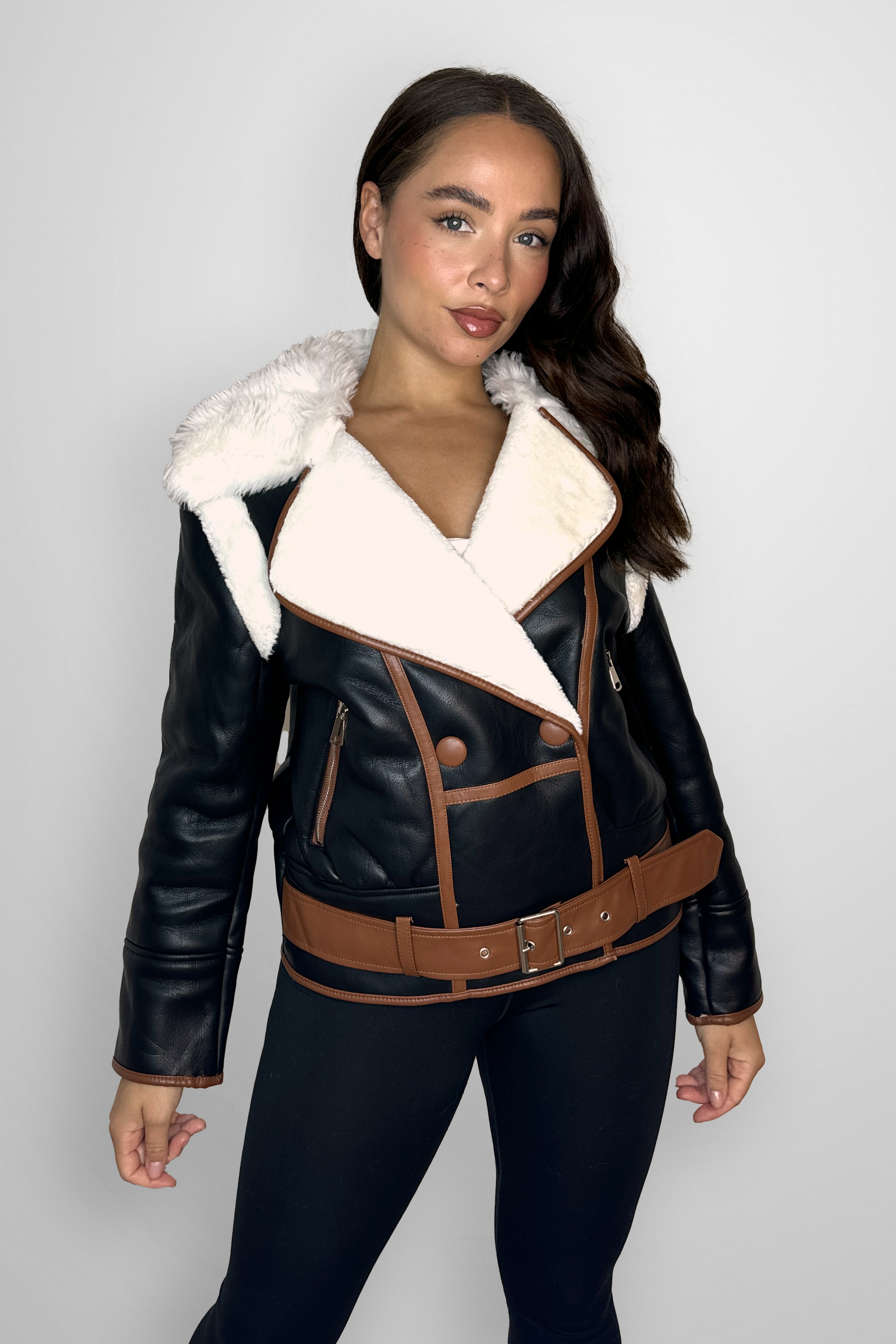 Wholesale Women"s Vegan Leather Shearling Lining Belted Aviator Jacket (PACK OF 6)