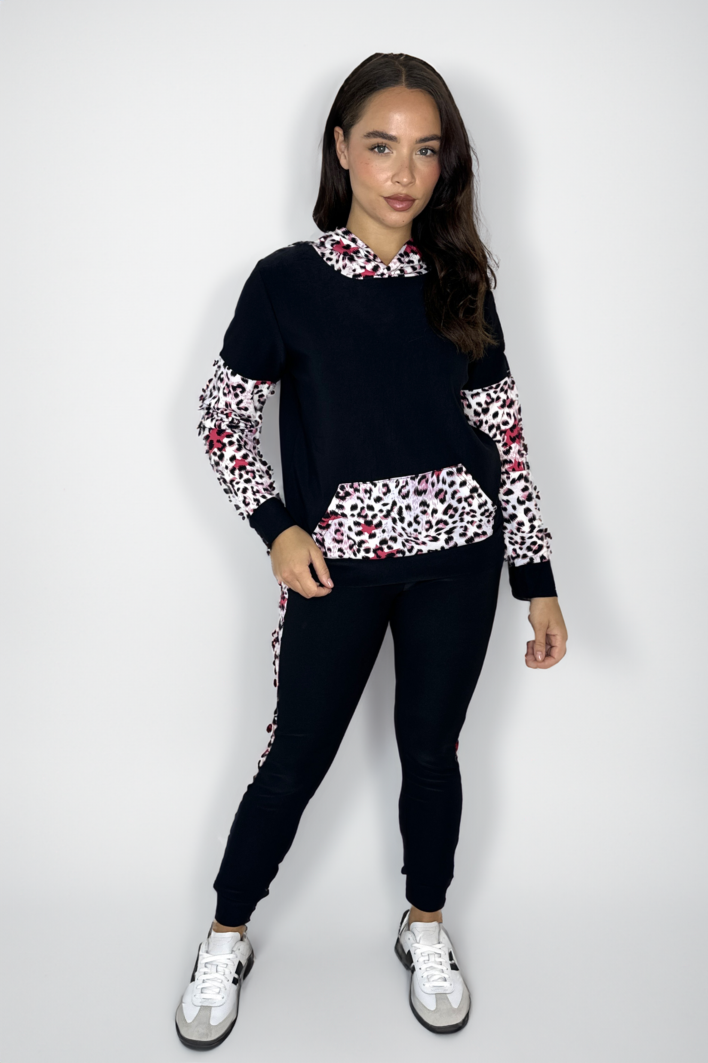 Leopard Print Colour Block Hooded Loungewear Set