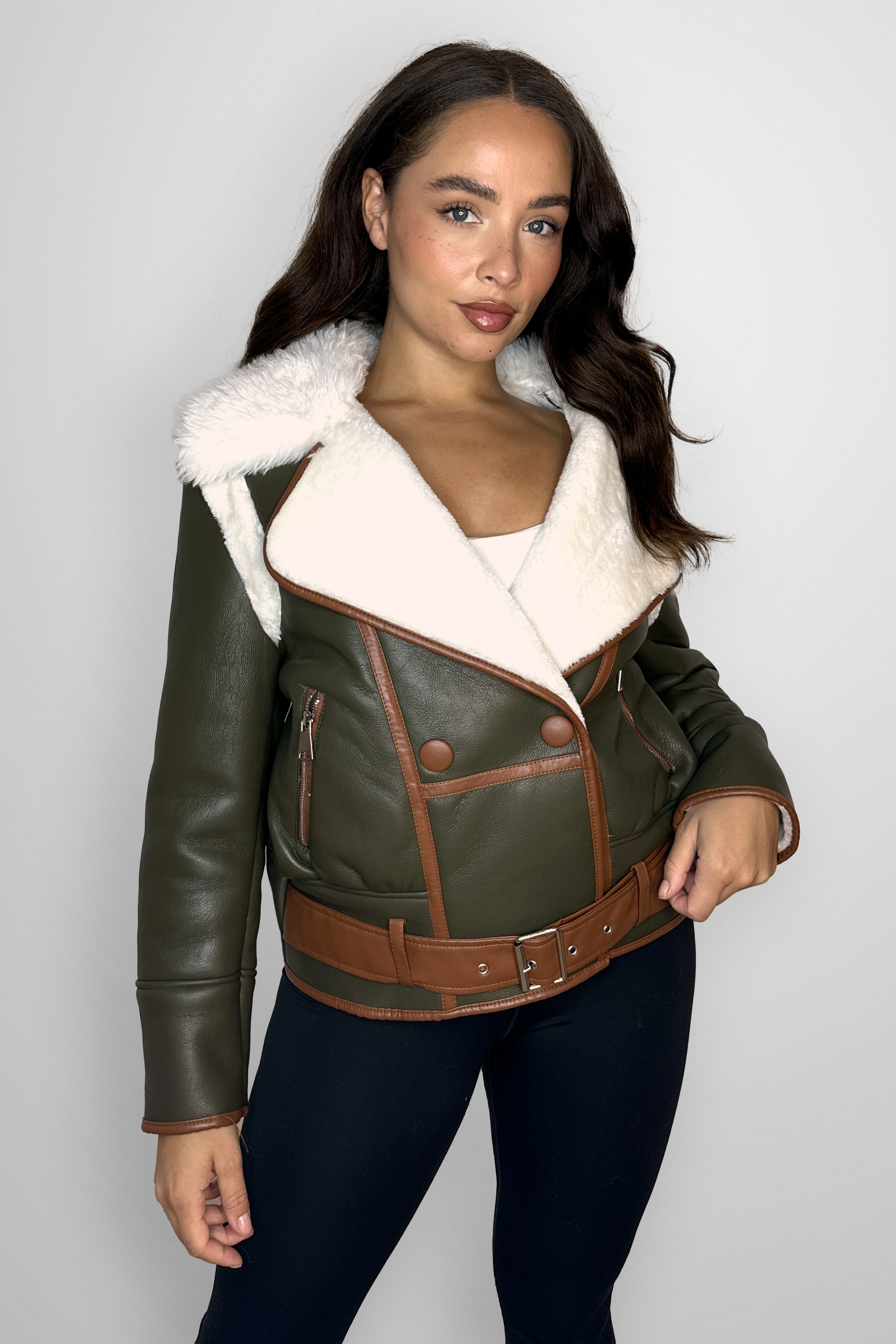 Vegan Leather Shearling Lining Belted Aviator Jacket