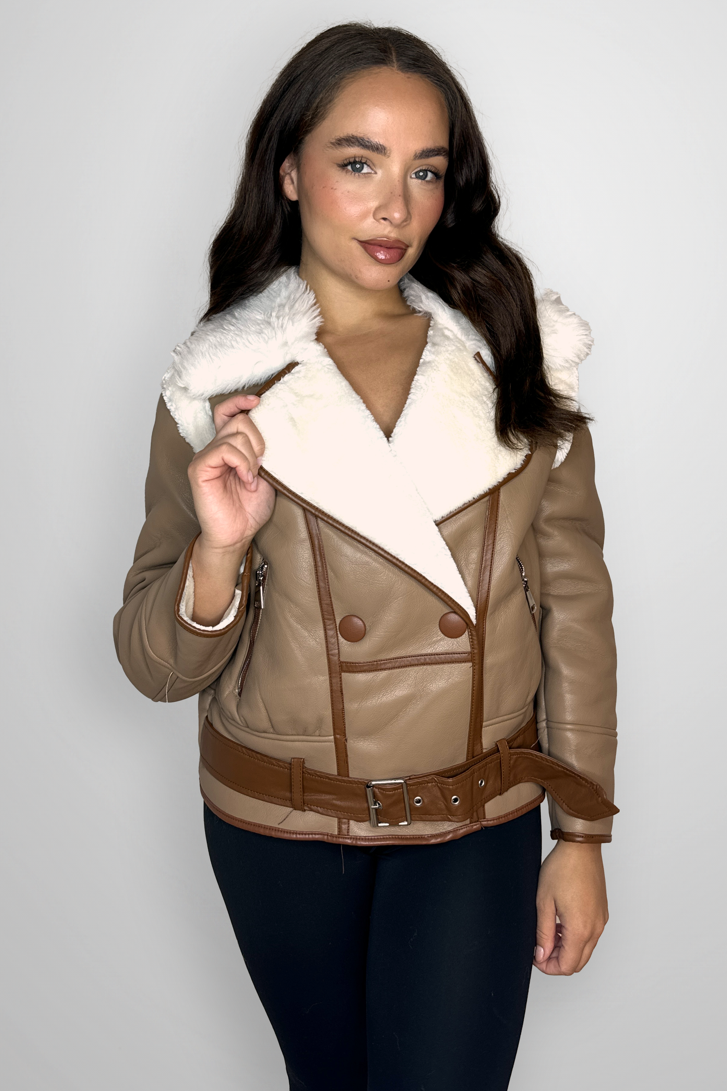 Vegan Leather Shearling Lining Belted Aviator Jacket