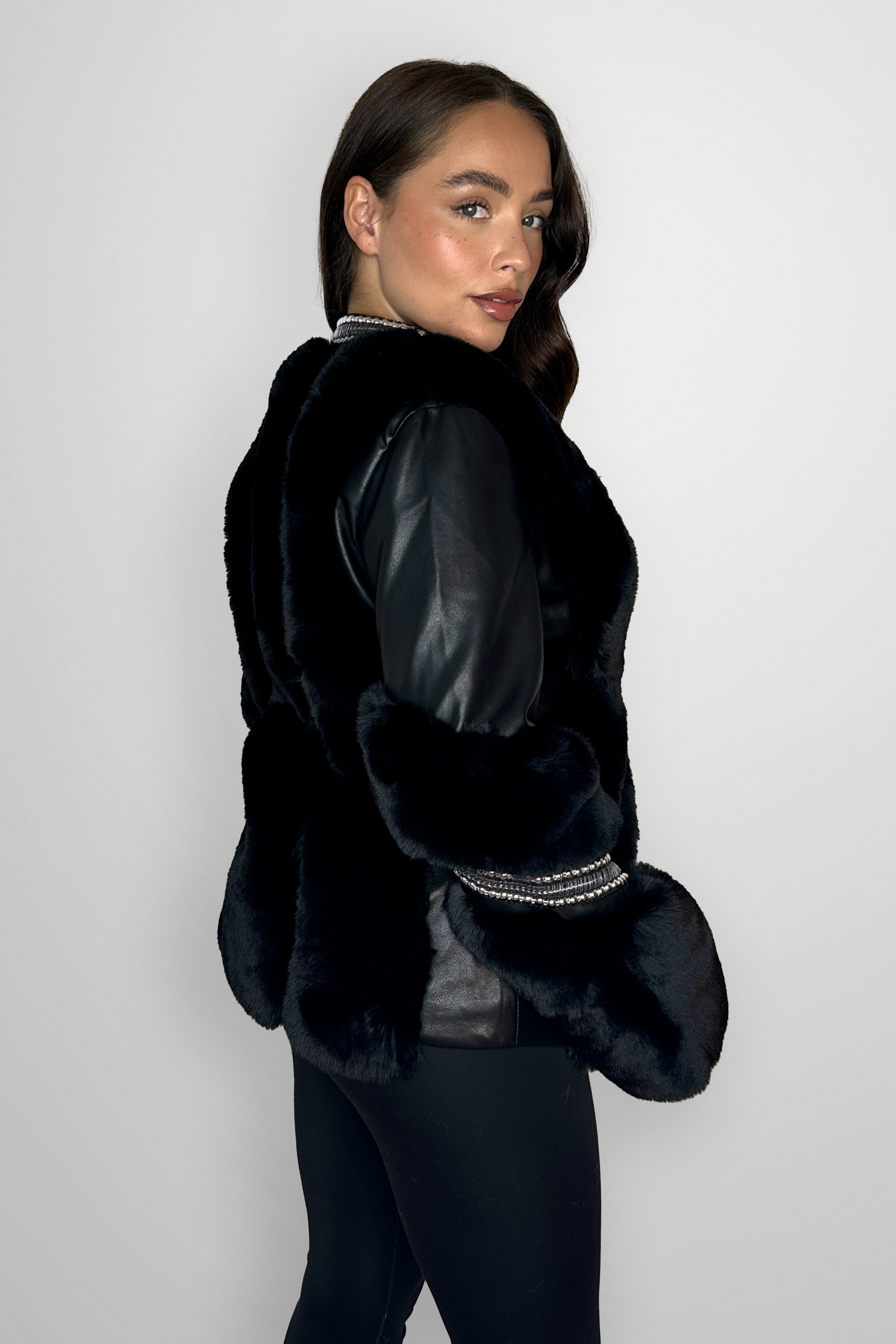 Vegan Leather With Fur Trim Luxurious Beaded Detail Open Belted Jacket