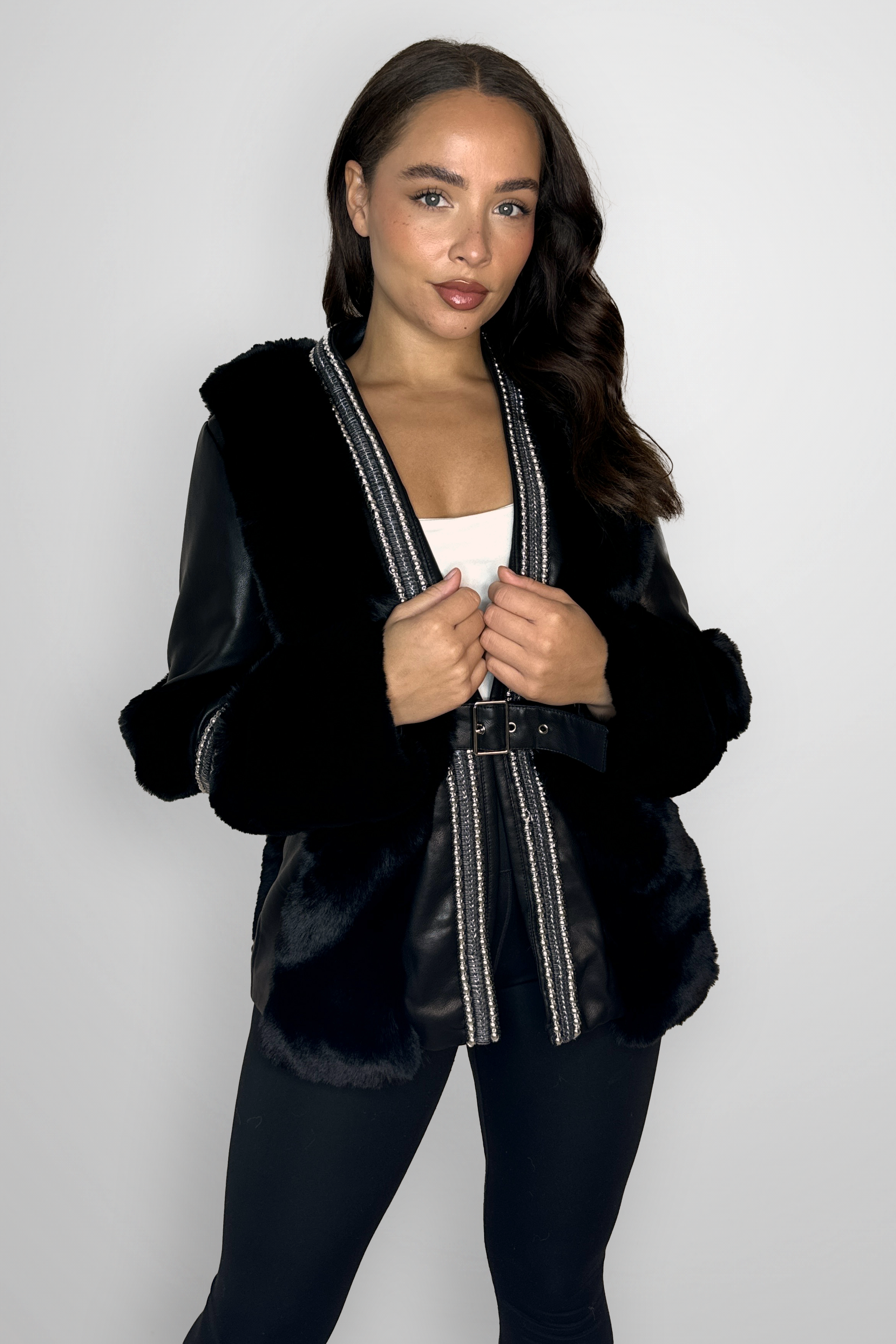 Vegan Leather With Fur Trim Luxurious Beaded Detail Open Belted Jacket